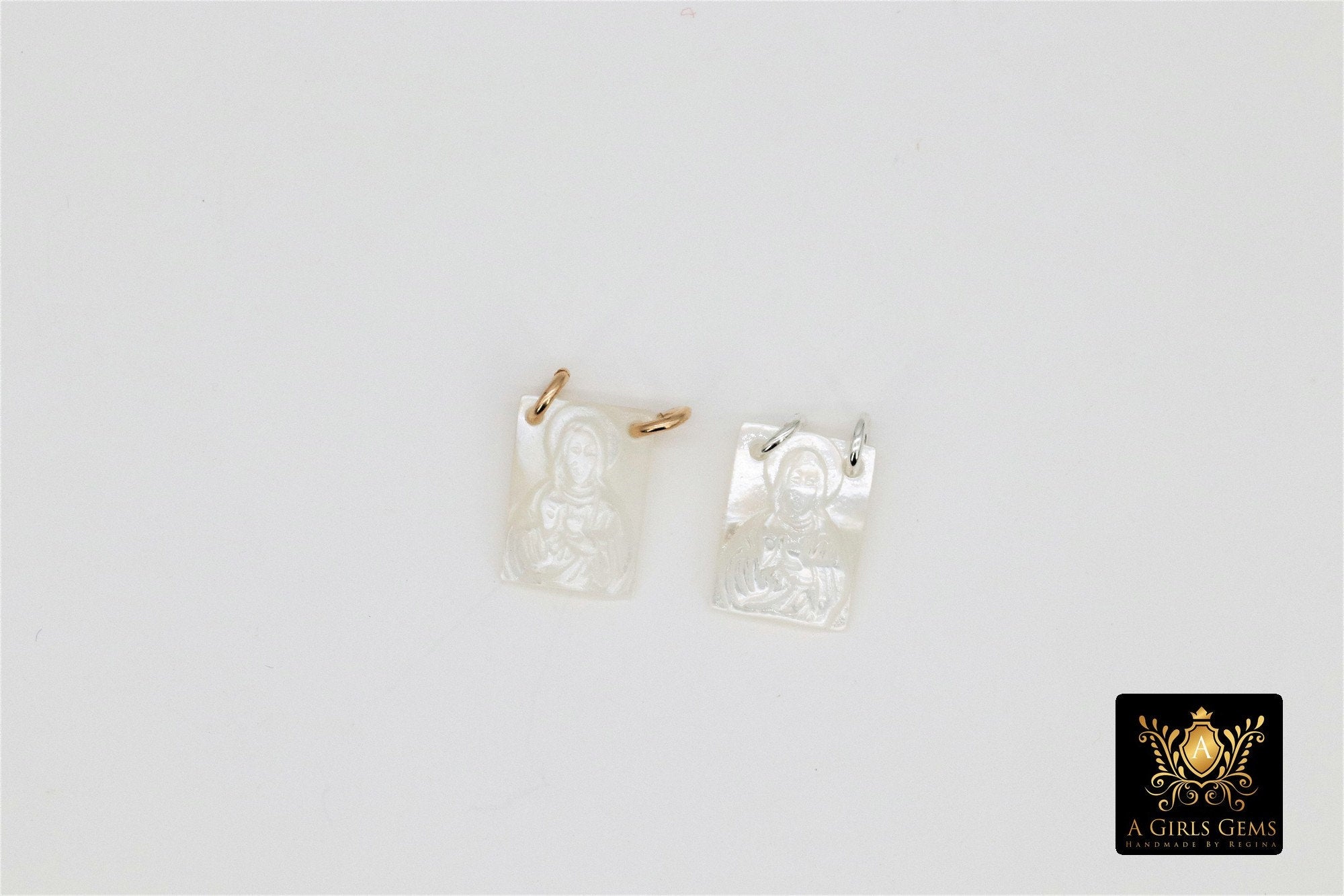 14 k Gold Filled Jesus Charms, Mother of Pearl 925 Silver Madonna Scapular #257, Religious Virgin Mary Catholic Charm 8 x 11 mm