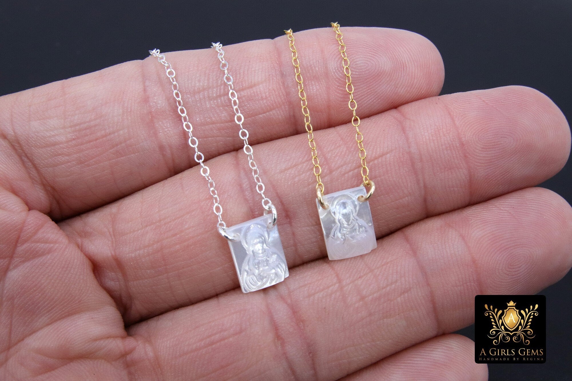 14 k Gold Filled Jesus Charms, Mother of Pearl 925 Silver Madonna Scapular #257, Religious Virgin Mary Catholic Charm 8 x 11 mm