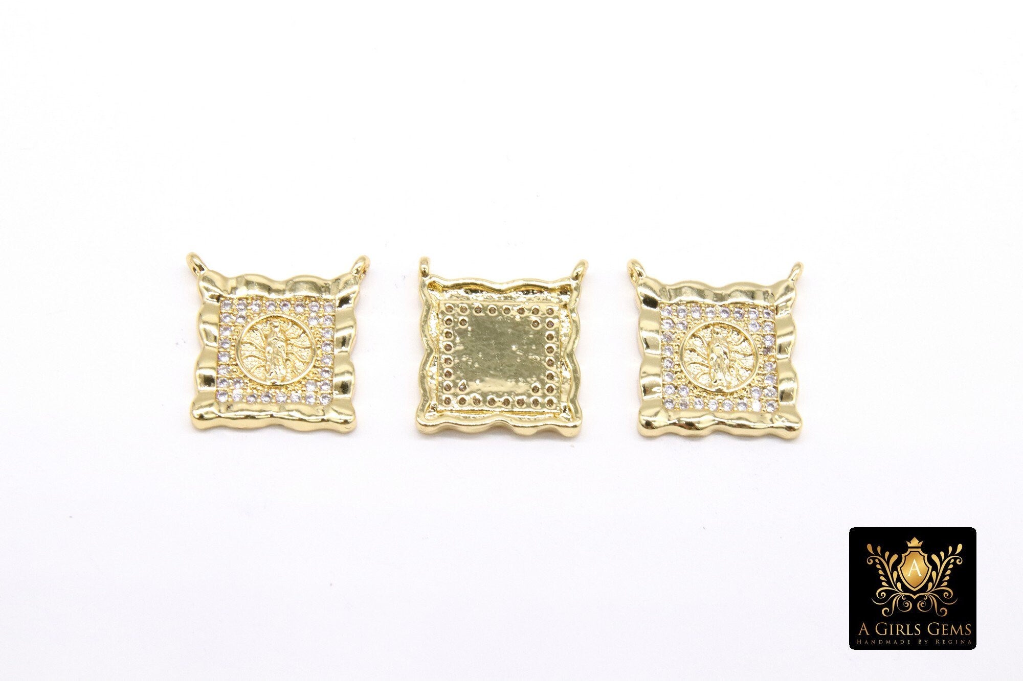 CZ Pave Gold Scapular Charms, Mini Rectangle Virgin Mary Pendants #643, Jesus Connectors