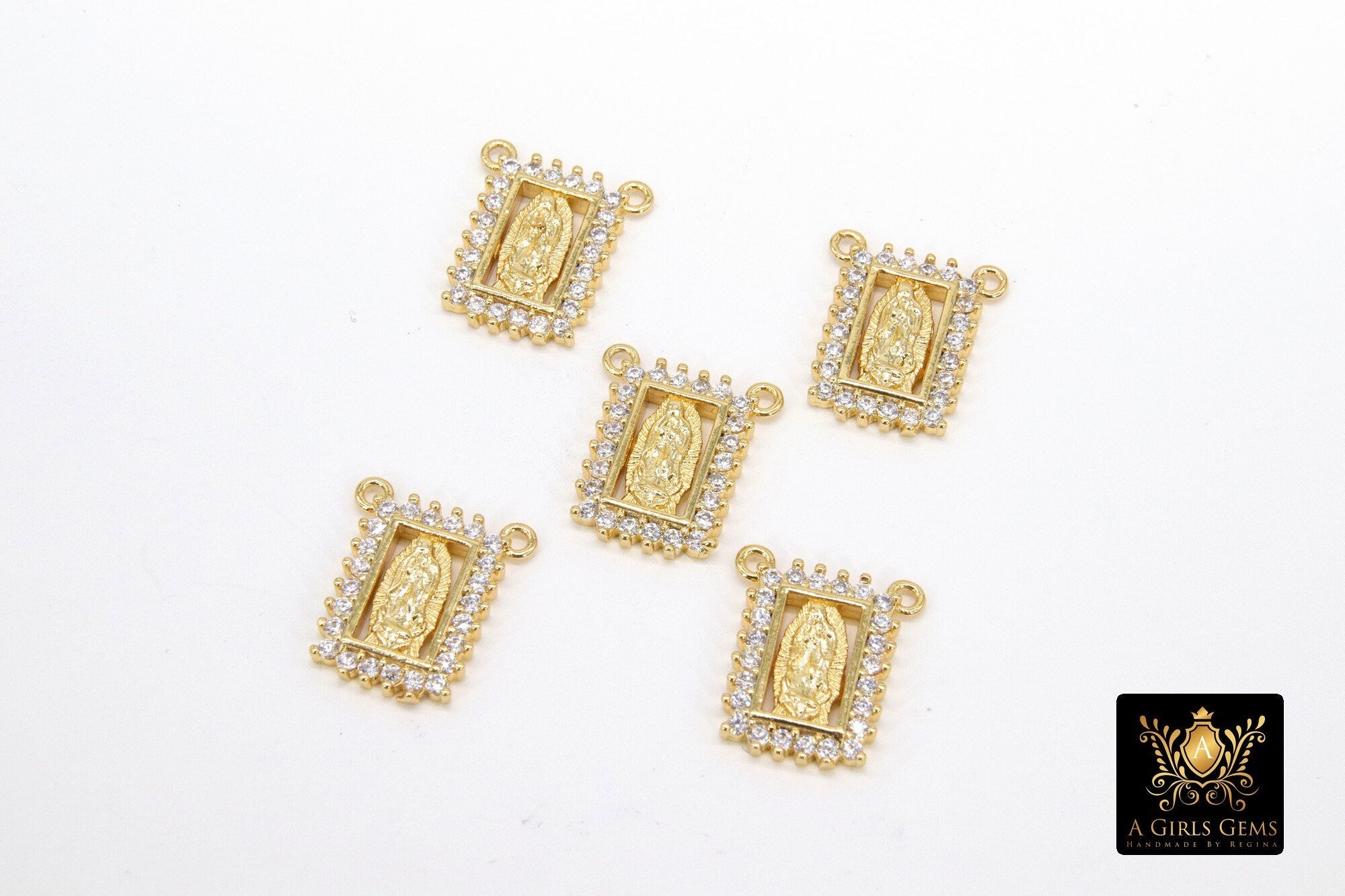 CZ Pave Gold Scapular Charms, Mini Rectangle Virgin Mary Pendants #643, Jesus Connectors