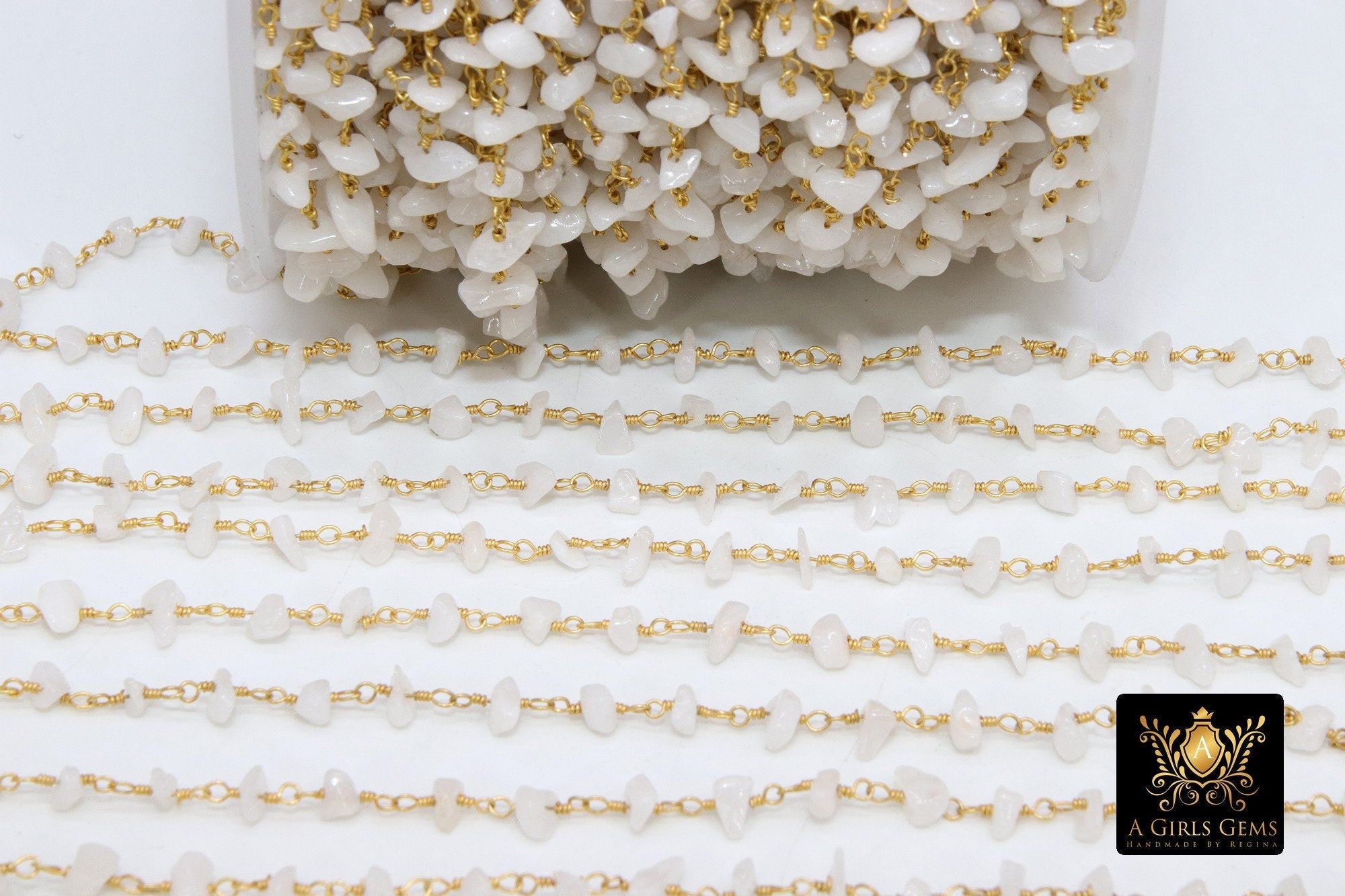 White Agate Rosary Chain, 4 mm Beaded CH #349, Gold Wire Wrapped Rosary Chain