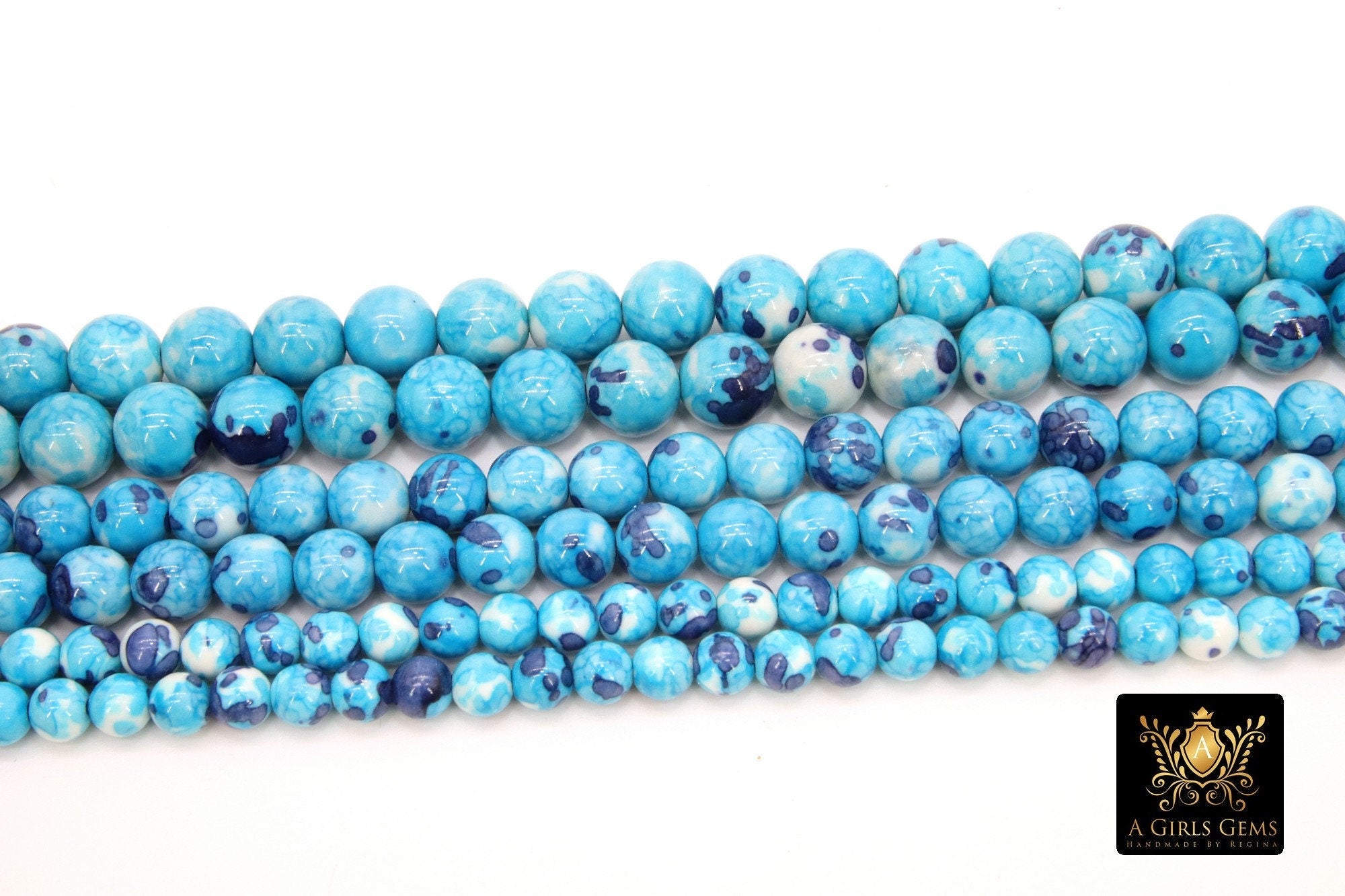 Smooth Round Ocean Blue Beads, Navy and White Jewelry Beads BS #101, sizes in 6 mm 8 mm 10 mm 15.5 inch Strands