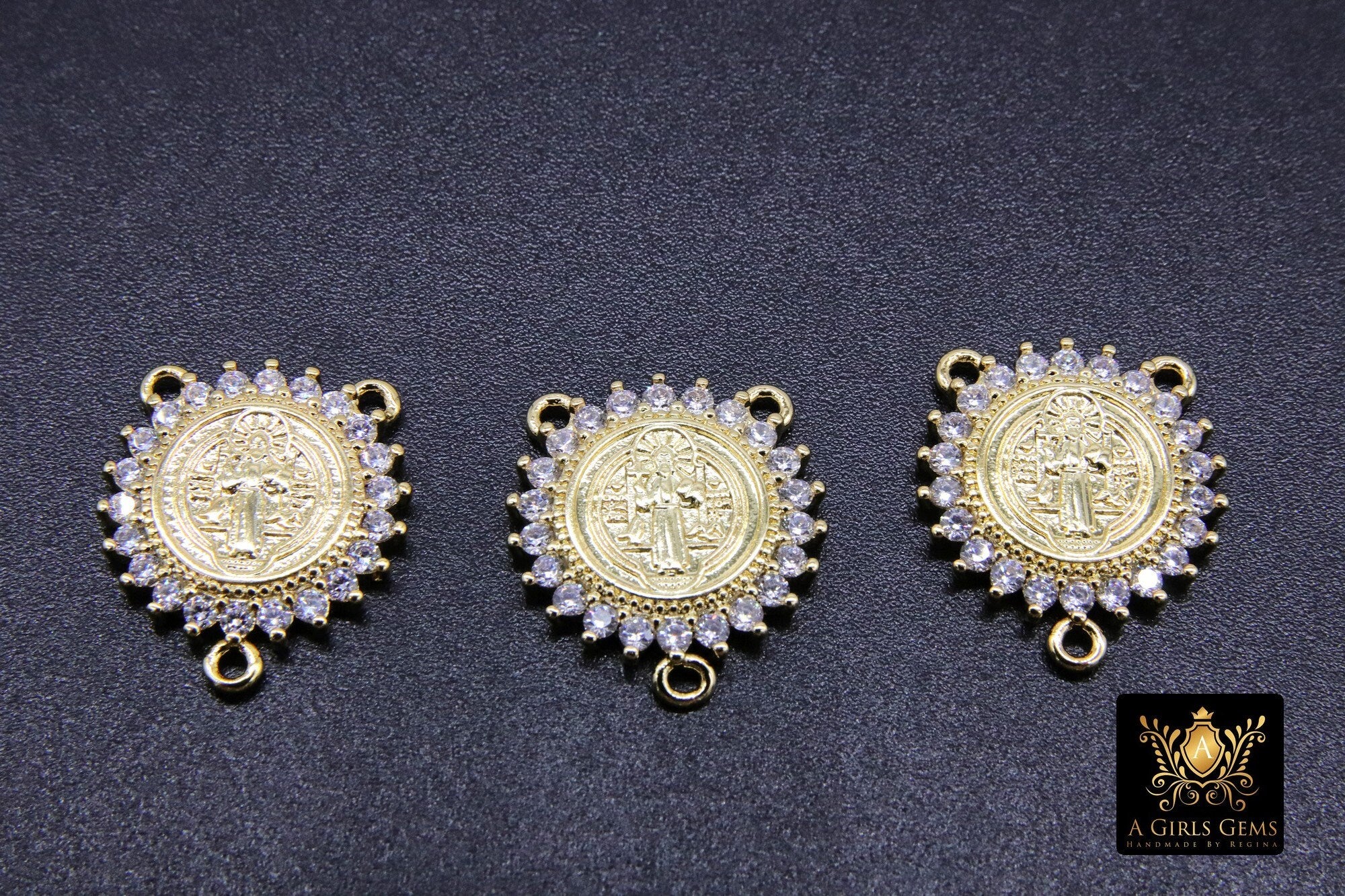 CZ Pave Mary Centers, Gold Cross Connectors #569, Jesus Charm Links