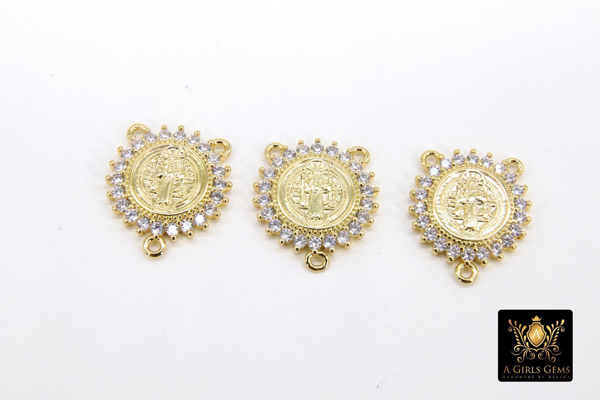 CZ Pave Mary Centers, Gold Cross Connectors #569, Jesus Charm Links