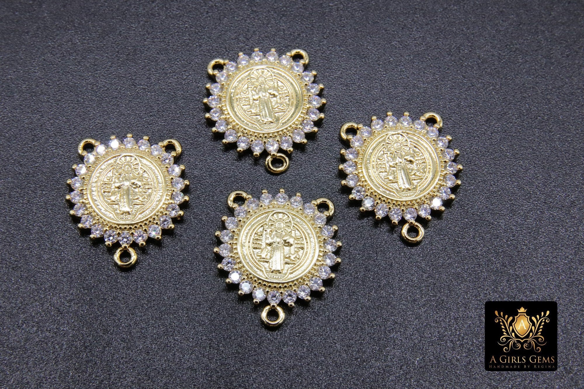 CZ Pave Mary Centers, Gold Cross Connectors #569, Jesus Charm Links