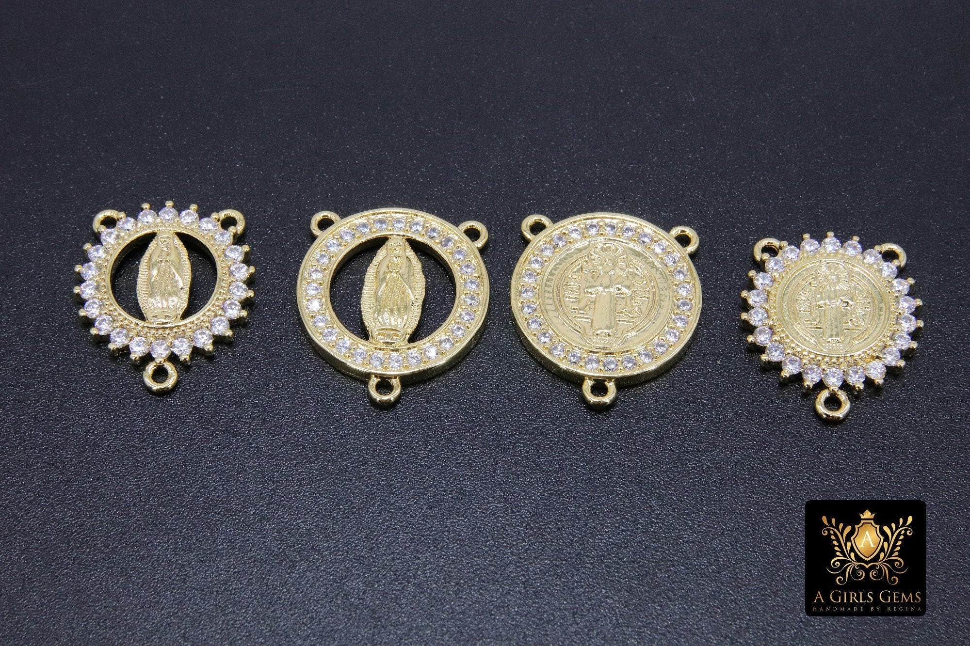 CZ Pave Mary Centers, Gold Cross Connectors #569, Jesus Charm Links