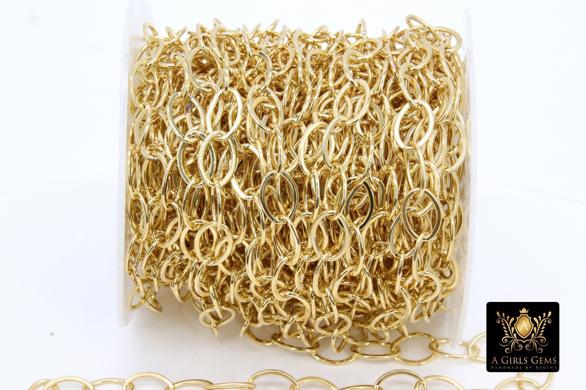 Silver Oval Chain, Gold Flat Oval Cable Chains CH #202, Unfinished 8 x 10 mm Gold Rolo Oblong Paperclip Chains