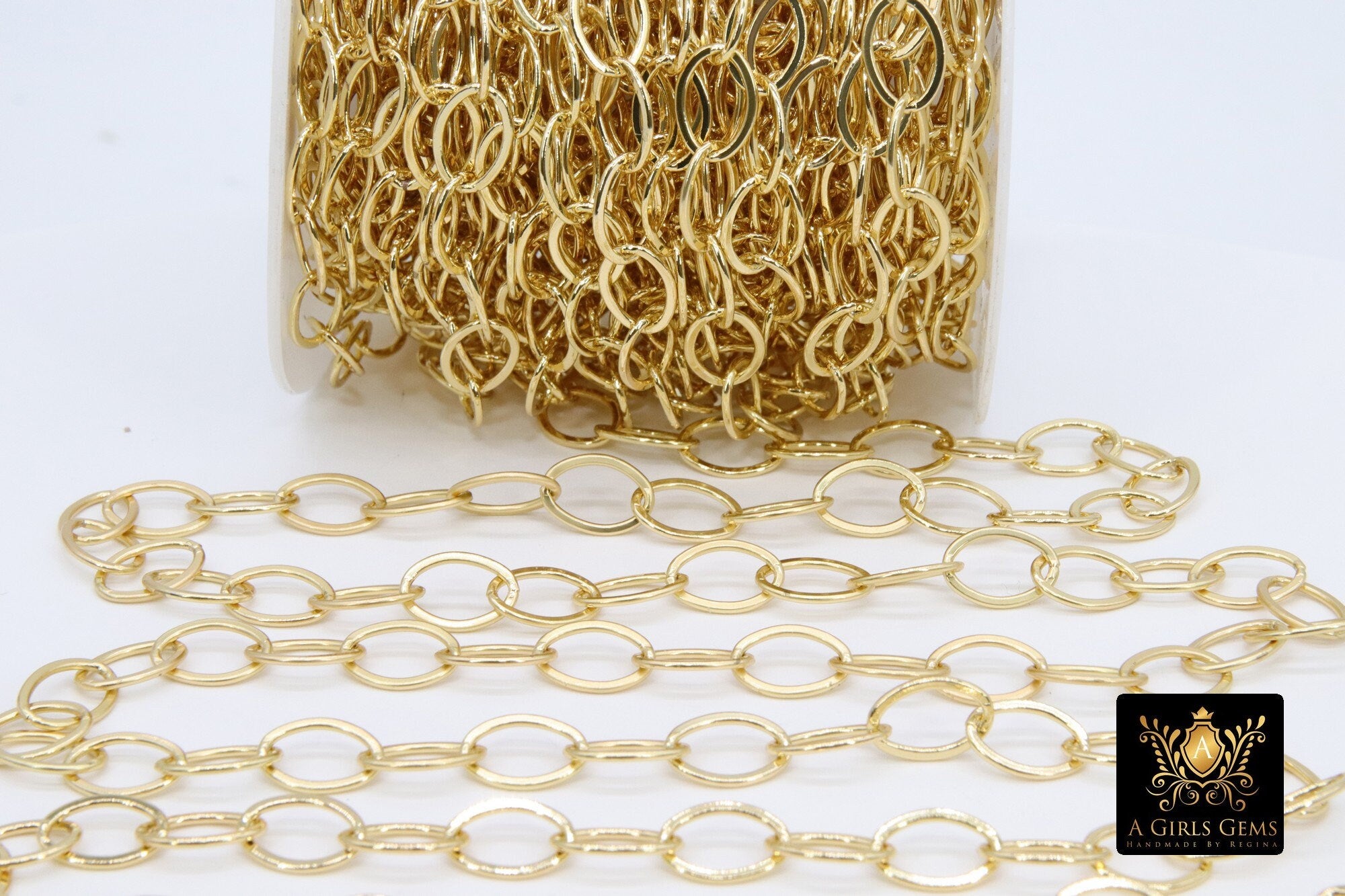 Silver Oval Chain, Gold Flat Oval Cable Chains CH #202, Unfinished 8 x 10 mm Gold Rolo Oblong Paperclip Chains