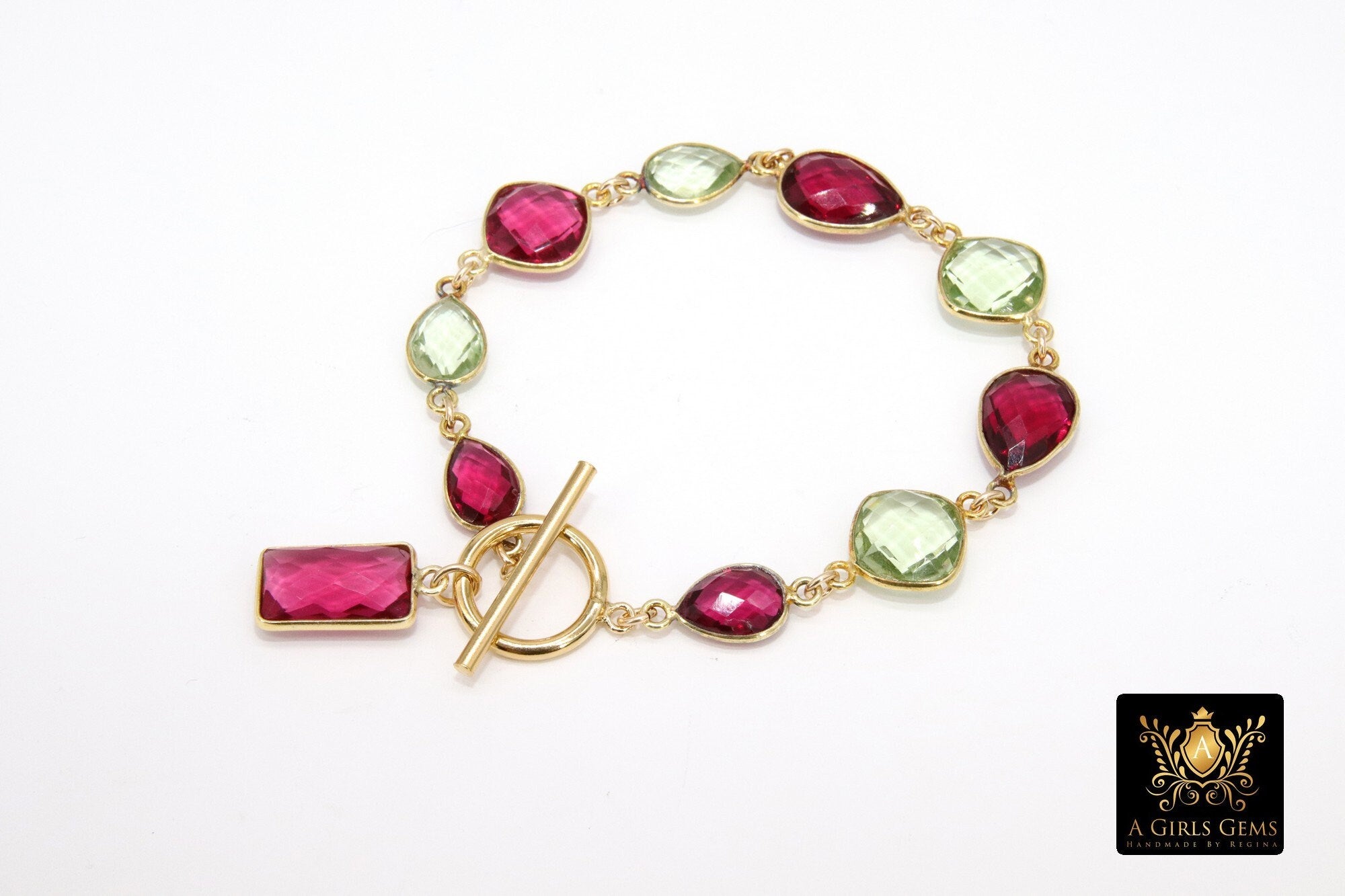 Pink Tourmaline Bracelet, Gold Filled Green Amethyst Gemstone Toggle Bar Bracelet, Boho Stacking Bracelet with Charm by Regina Harp Designs
