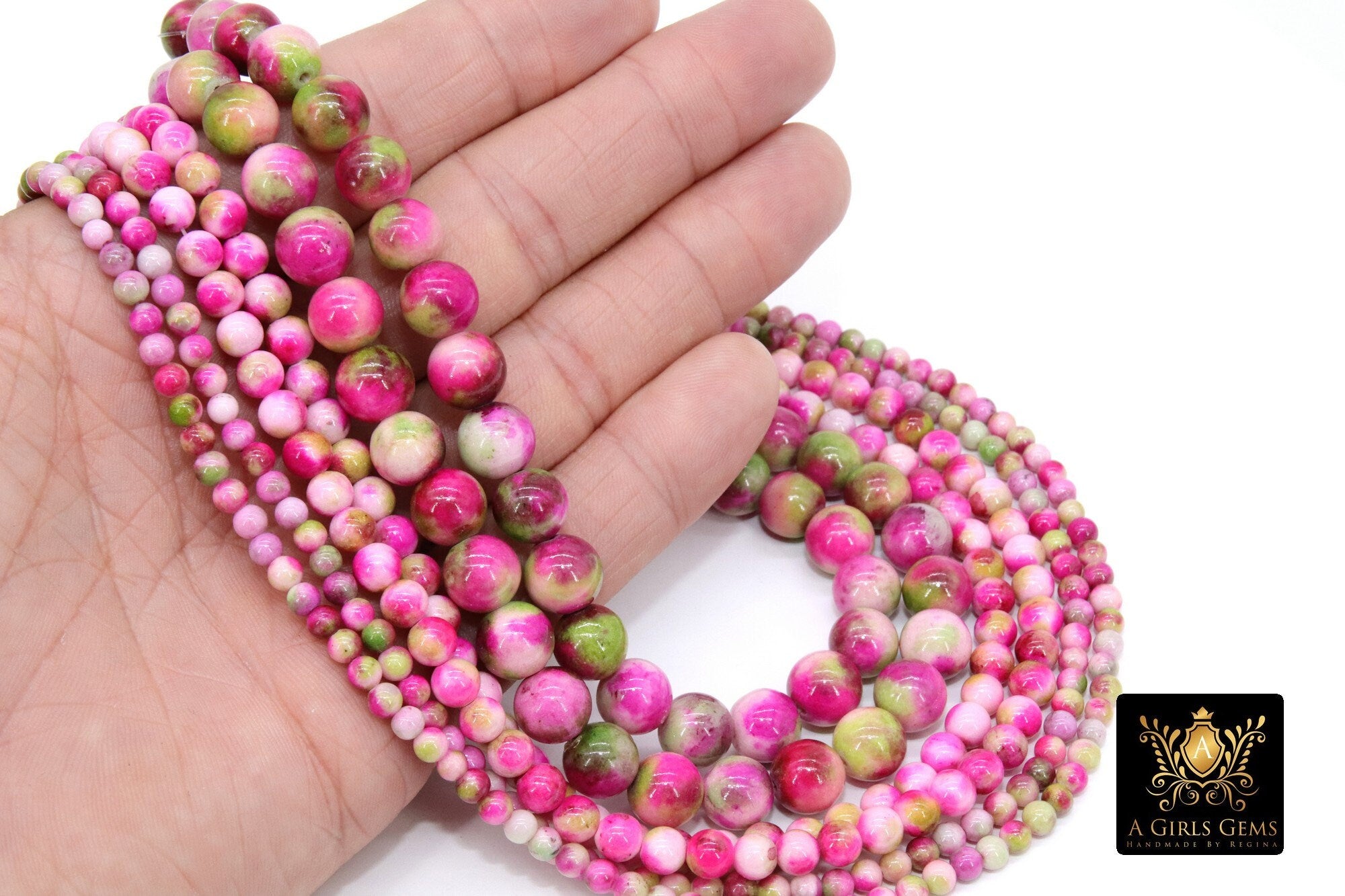 Hot Pink and Mint Green Jade Beads, Smooth Mixed Fuchsia Jade Dyed Beads BS #124, Jewelry Beads sizes 4 mm 6 mm 10 mm 15.75 inch Strands