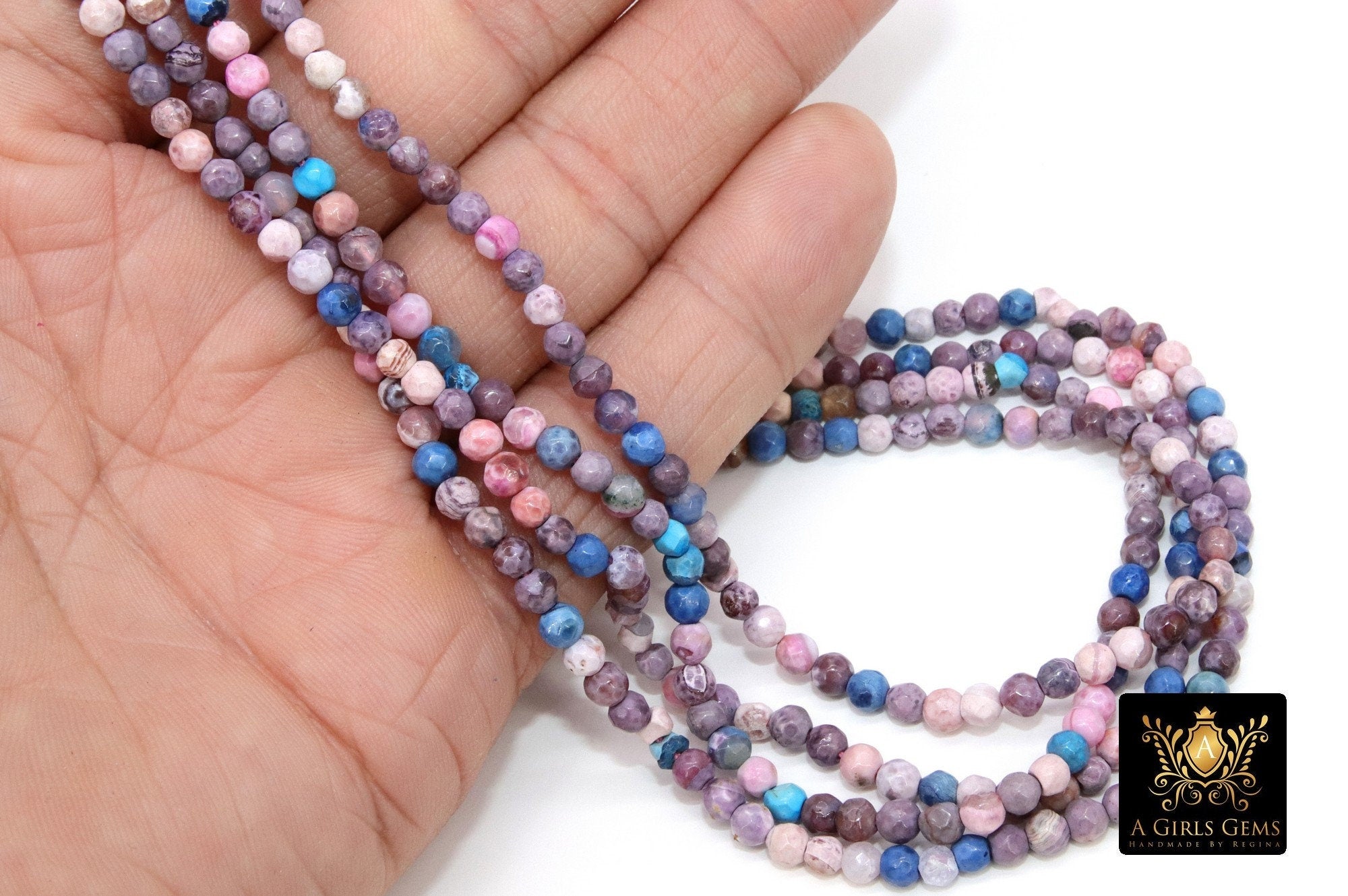 Blue and Pink Agate Beads, Faceted Mixed Lavender and White Fire Agate Beads BS #127, Jewelry Beads sizes 4 mm 14 inch Strands