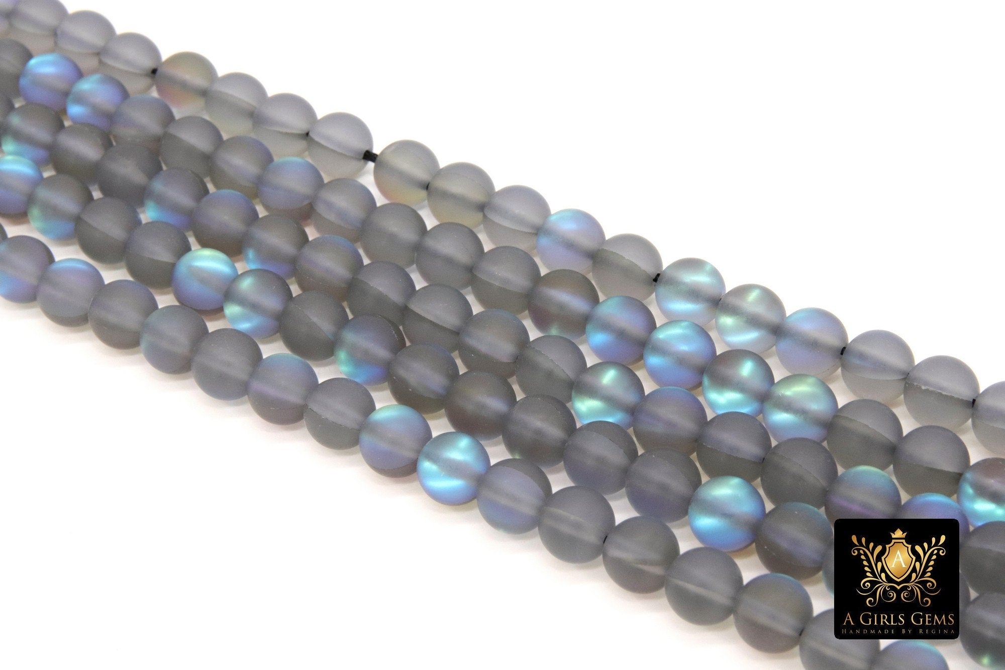 Gray Baby Blue AB Beads, Frosted Aqua Iridescent Beads BS #114, sizes in 8 mm 15.25 inch FULL Strands