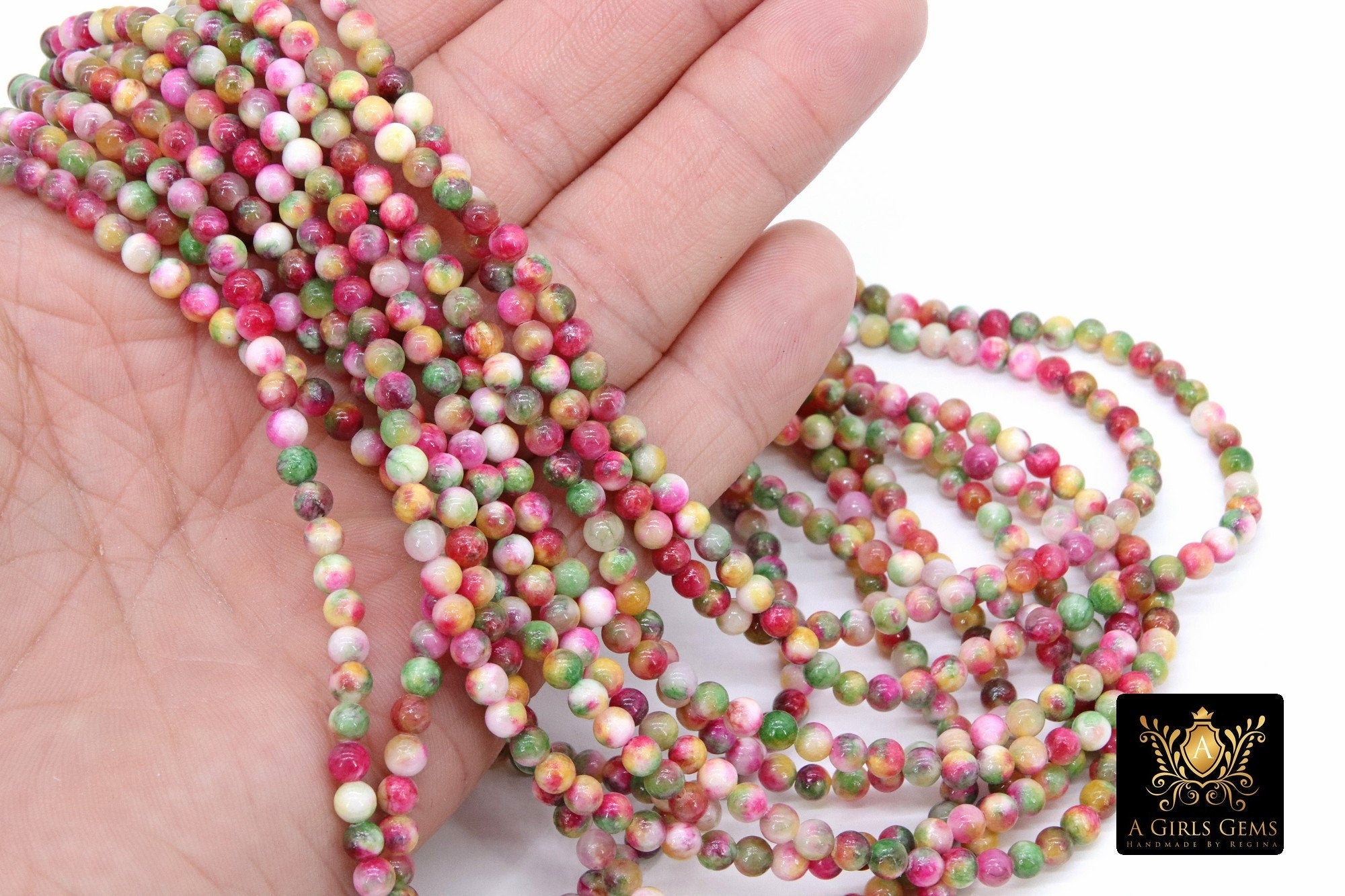 Pink and Mint Green Beads, Smooth Mixed Strawberry Red BS #2, Marble Jade Dyed Beads