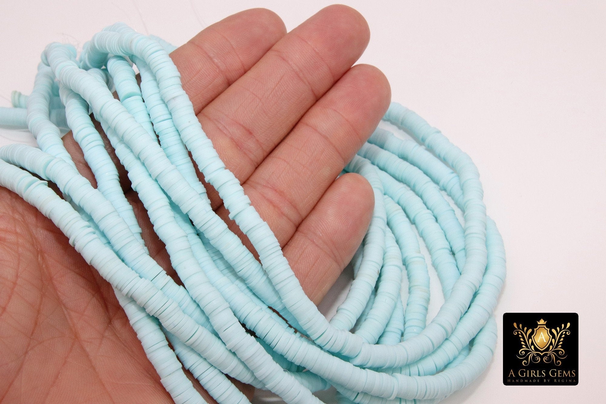 2 Strands 6 mm Clay Flat Beads, Seafoam Blue Heishi beads in Polymer Clay Disc CB #128, Light Blue Rondelle
