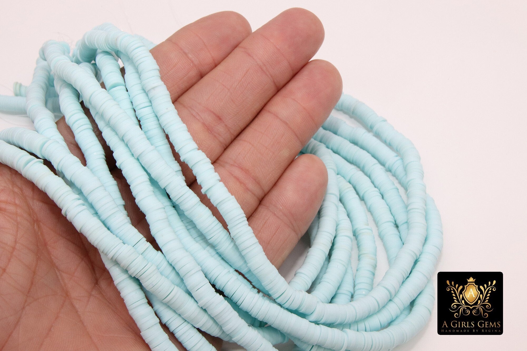 2 Strands 6 mm Clay Flat Beads, Seafoam Blue Heishi beads in Polymer Clay Disc CB #128, Light Blue Rondelle