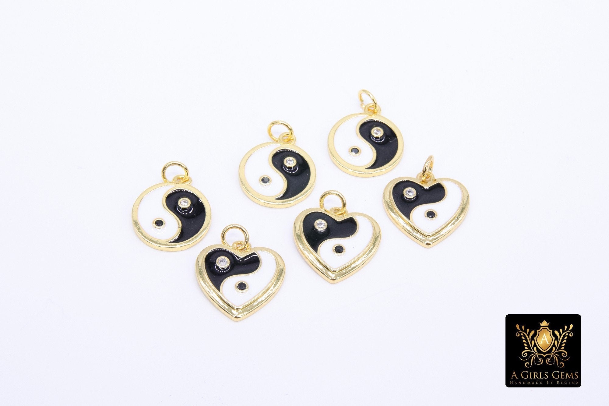 Black and White Heart Charms, CZ Pave Yin Yang Heart Shape Enamel Charm for Bracelet #2644, Necklace Jewelry