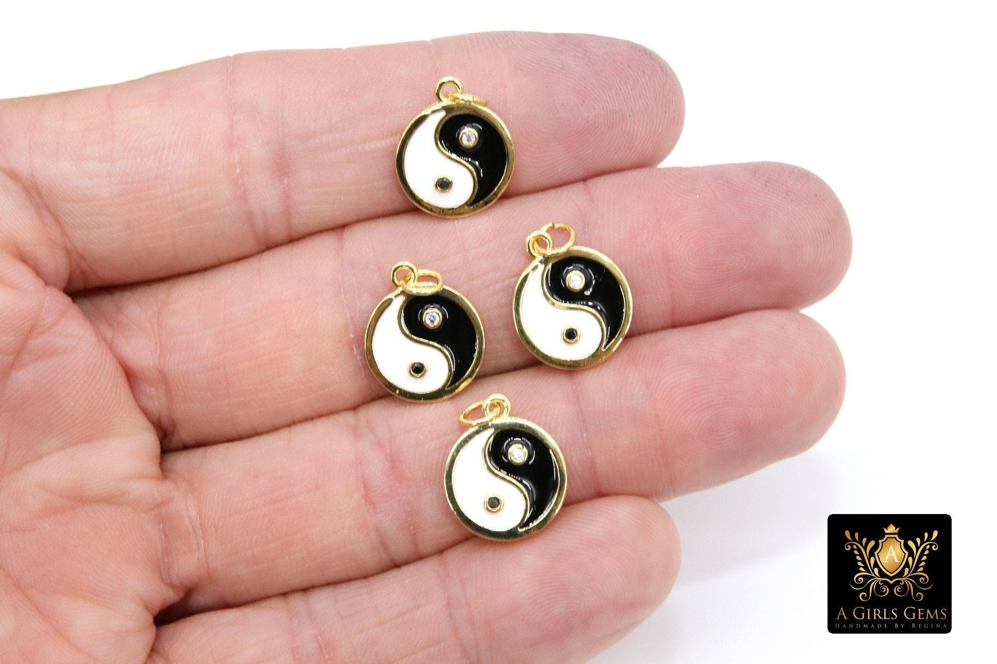 Black and White Disc Charms, CZ Pave Yin Yang Round Shape Enamel 14 mm Charm for Bracelet #2661, Necklace Jewelry