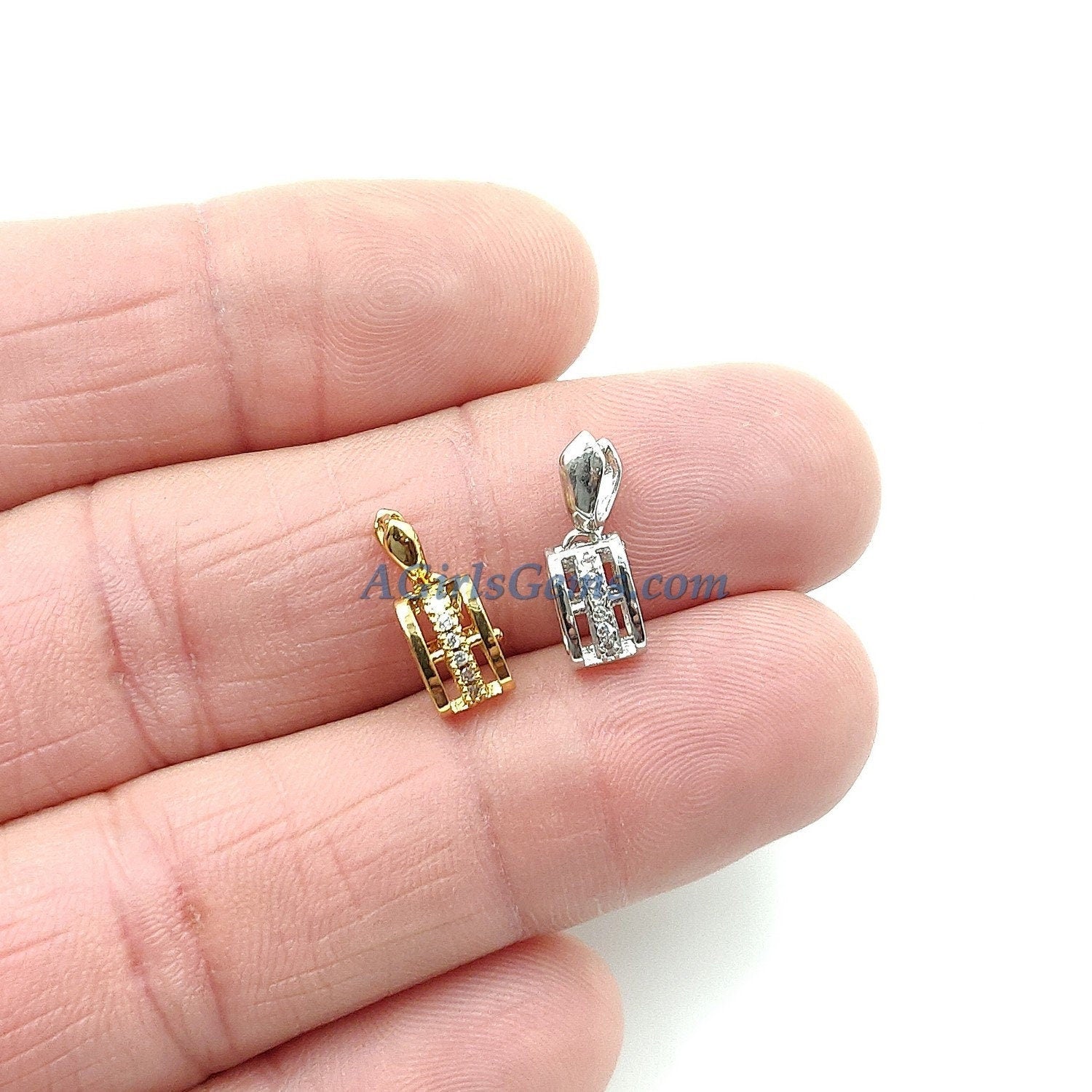 CZ Pave Gold Pinch Bails, Silver Plated Ice Pick Copper Bails, 5 x 18 mm Pendants Charms Necklace DIY Jewelry Findings