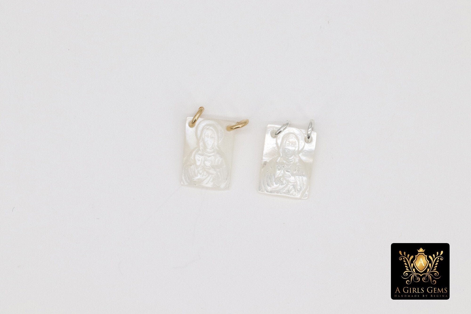 14 k Gold Filled Jesus Charms, Mother of Pearl 925 Silver Madonna Scapular #257, Religious Virgin Mary Catholic Charm 8 x 11 mm