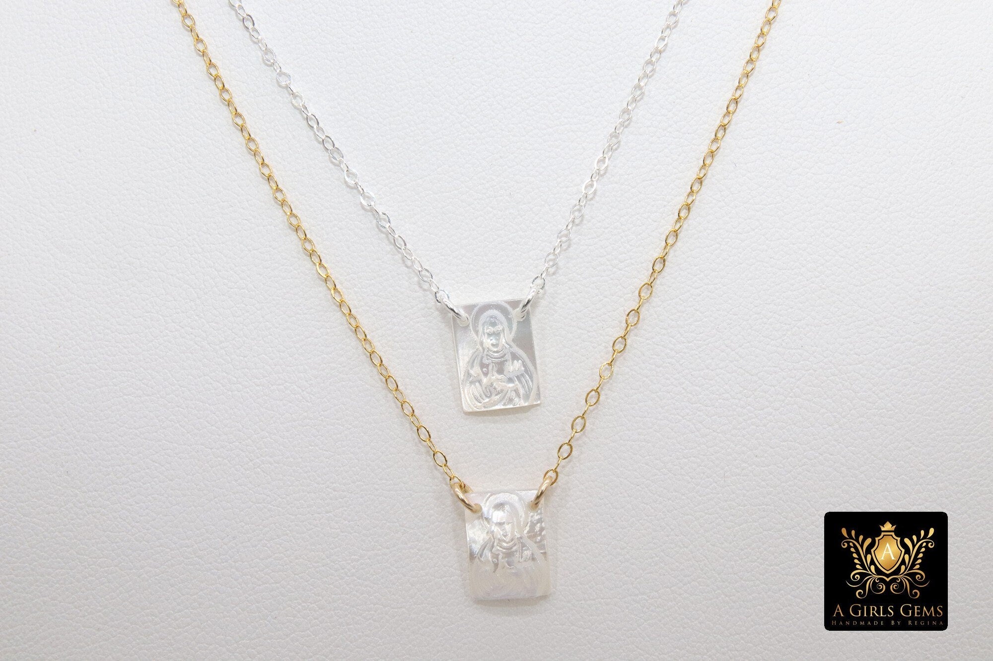 14 k Gold Filled Jesus Charms, Mother of Pearl 925 Silver Madonna Scapular #257, Religious Virgin Mary Catholic Charm 8 x 11 mm