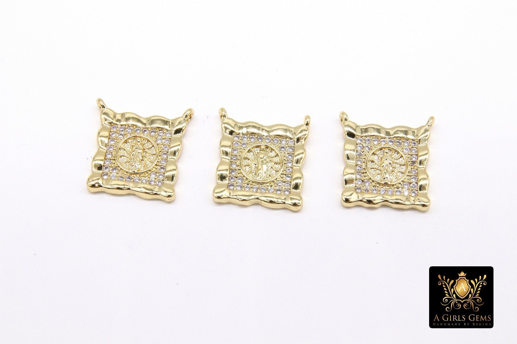CZ Pave Gold Scapular Charms, Mini Rectangle Virgin Mary Pendants #643, Jesus Connectors