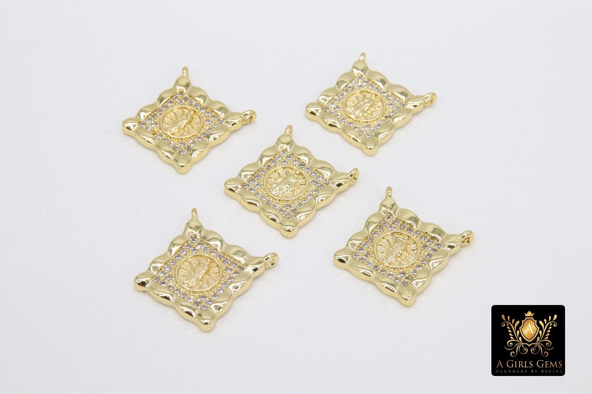 CZ Pave Gold Scapular Connectors, Small Square Jesus Pendants #643, Virgin Mary Charms