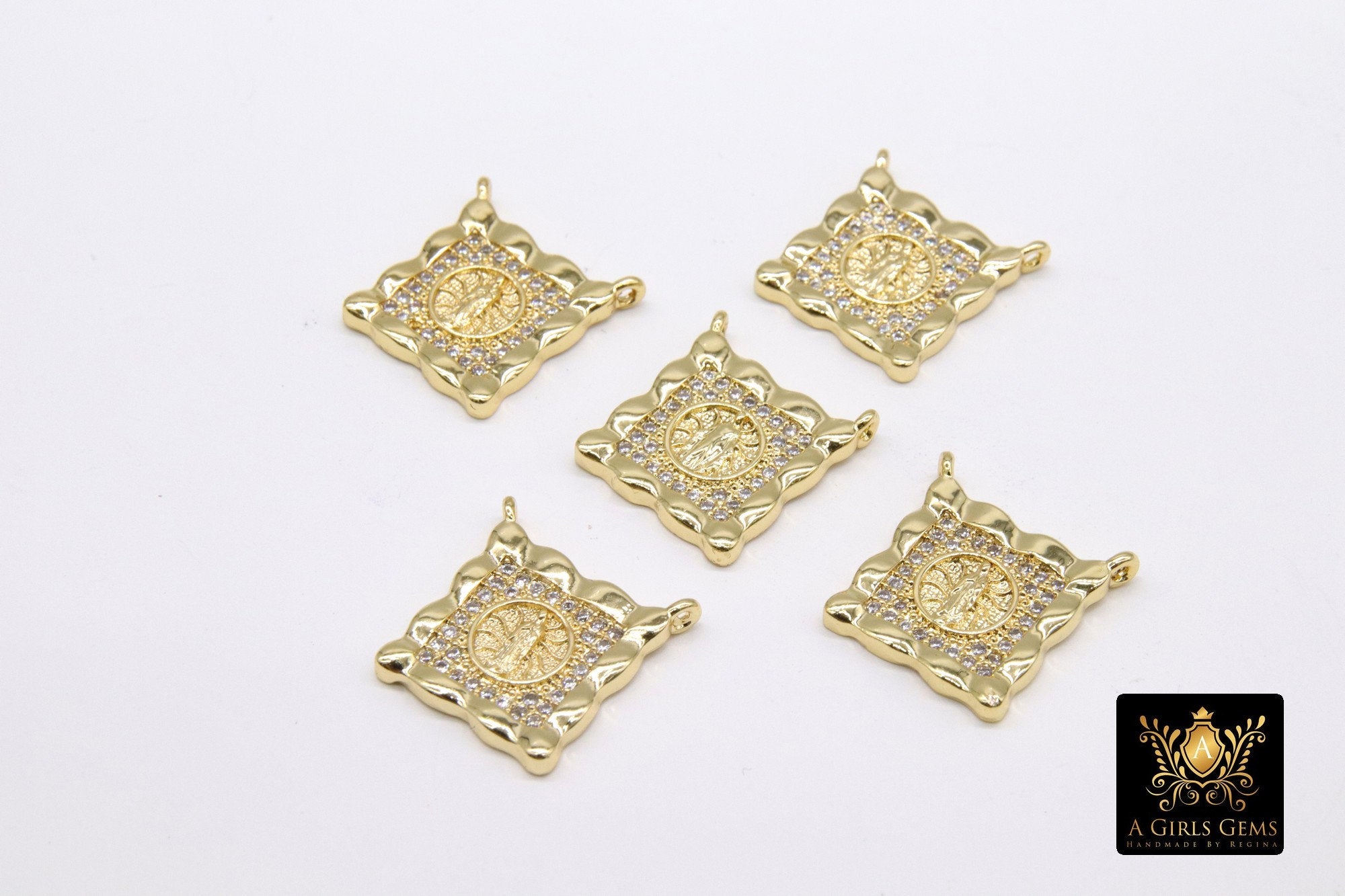 CZ Pave Gold Scapular Charms, Mini Rectangle Virgin Mary Pendants #643, Jesus Connectors