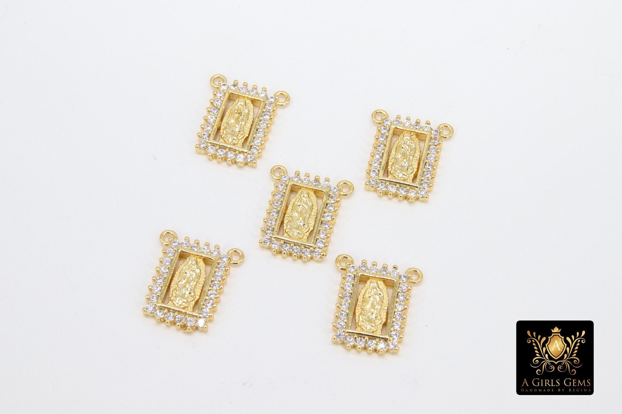CZ Pave Gold Scapular Charms, Mini Rectangle Virgin Mary Pendants #643, Jesus Connectors