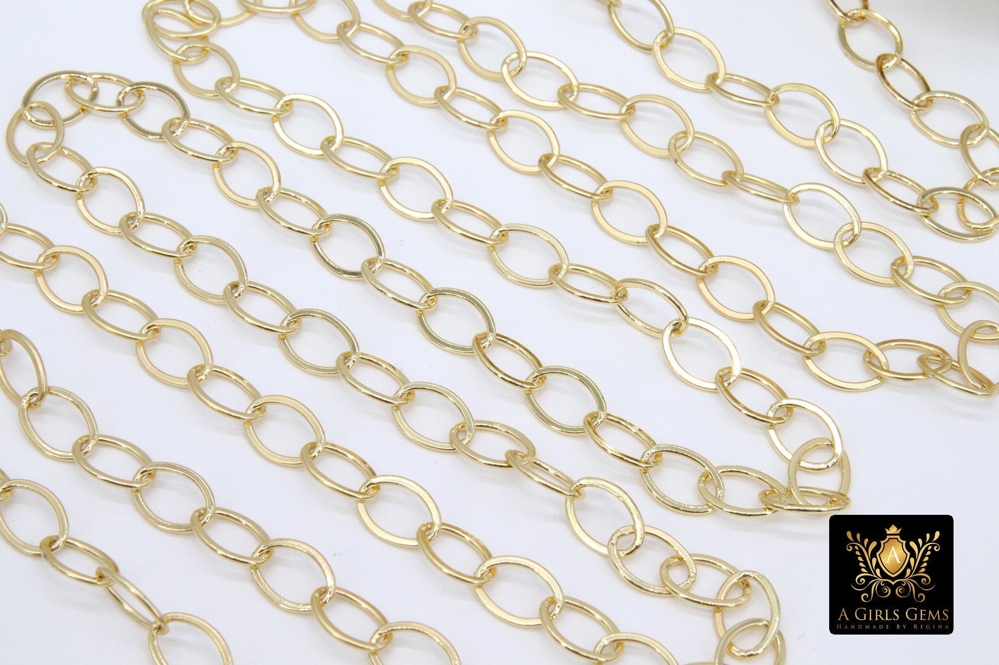 Silver Oval Chain, Gold Flat Oval Cable Chains CH #202, Unfinished 8 x 10 mm Gold Rolo Oblong Paperclip Chains