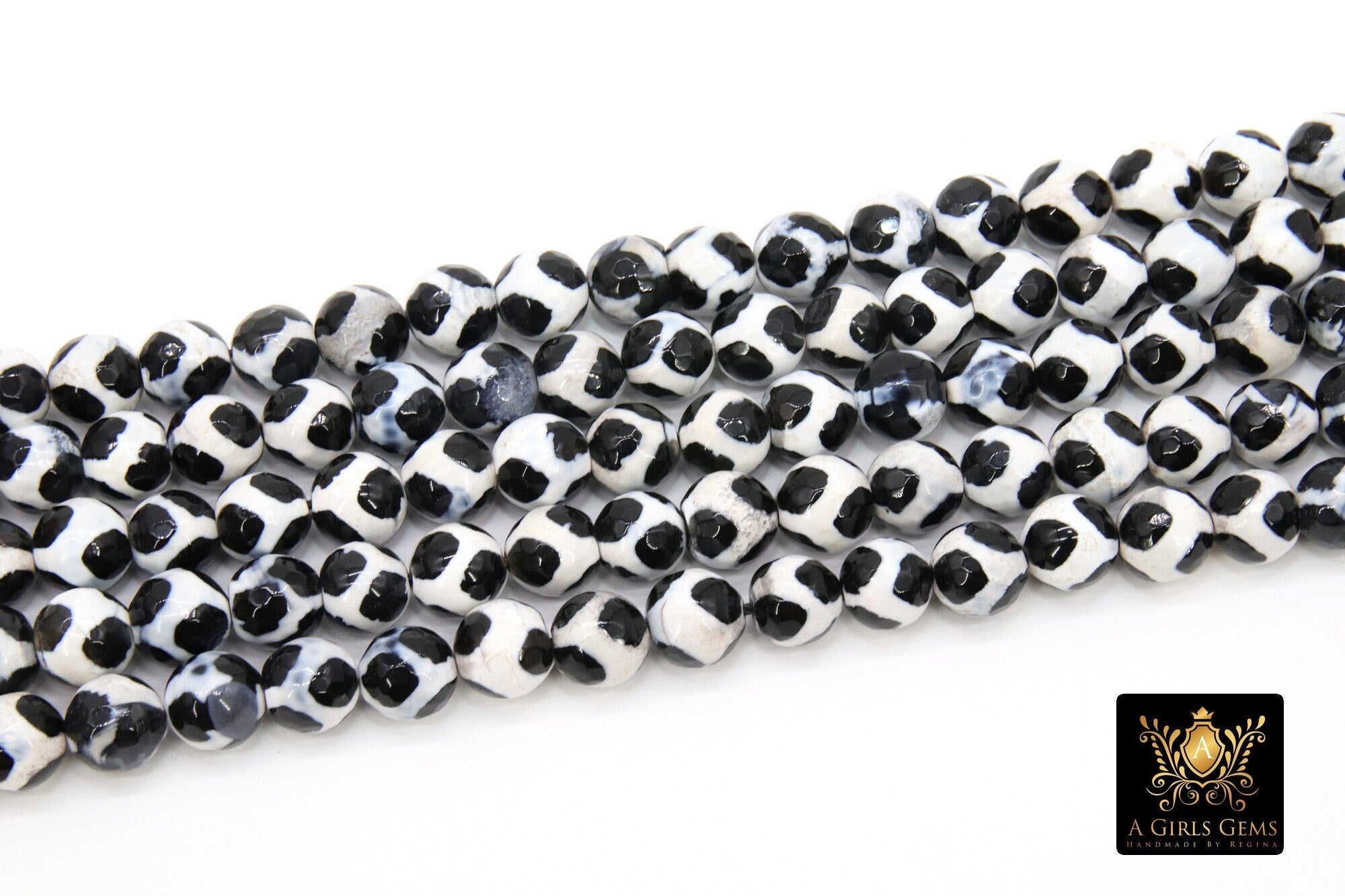 Tibetan Natural Faceted Agate Beads, DZI Agate Black and White Color Beads BS #130, sizes 10 mm 15 inch FULL Strands