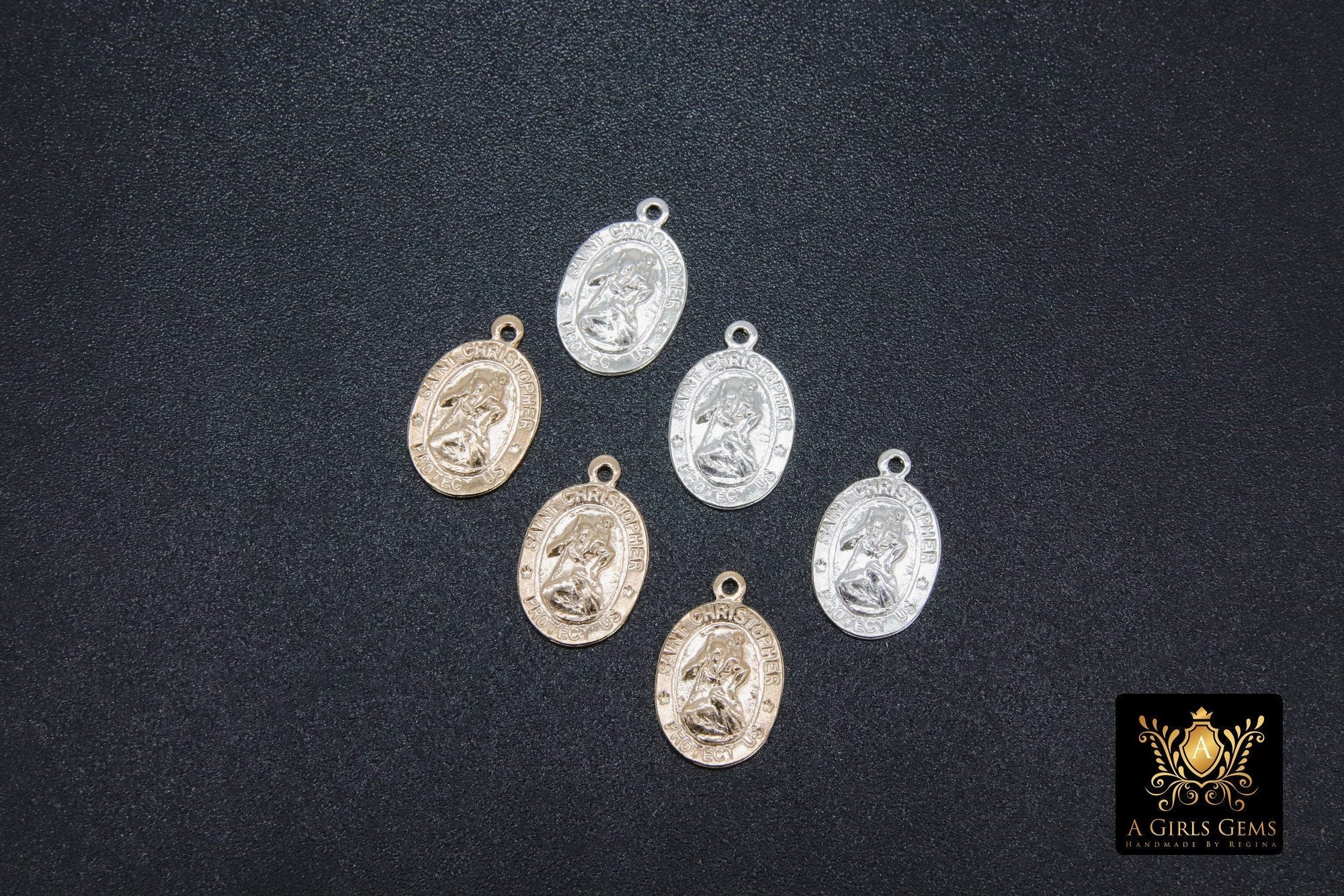 14 K Gold filled St Christopher Charm, Oval 925 Sterling Silver Bracelet Medals #748, Protection Necklace