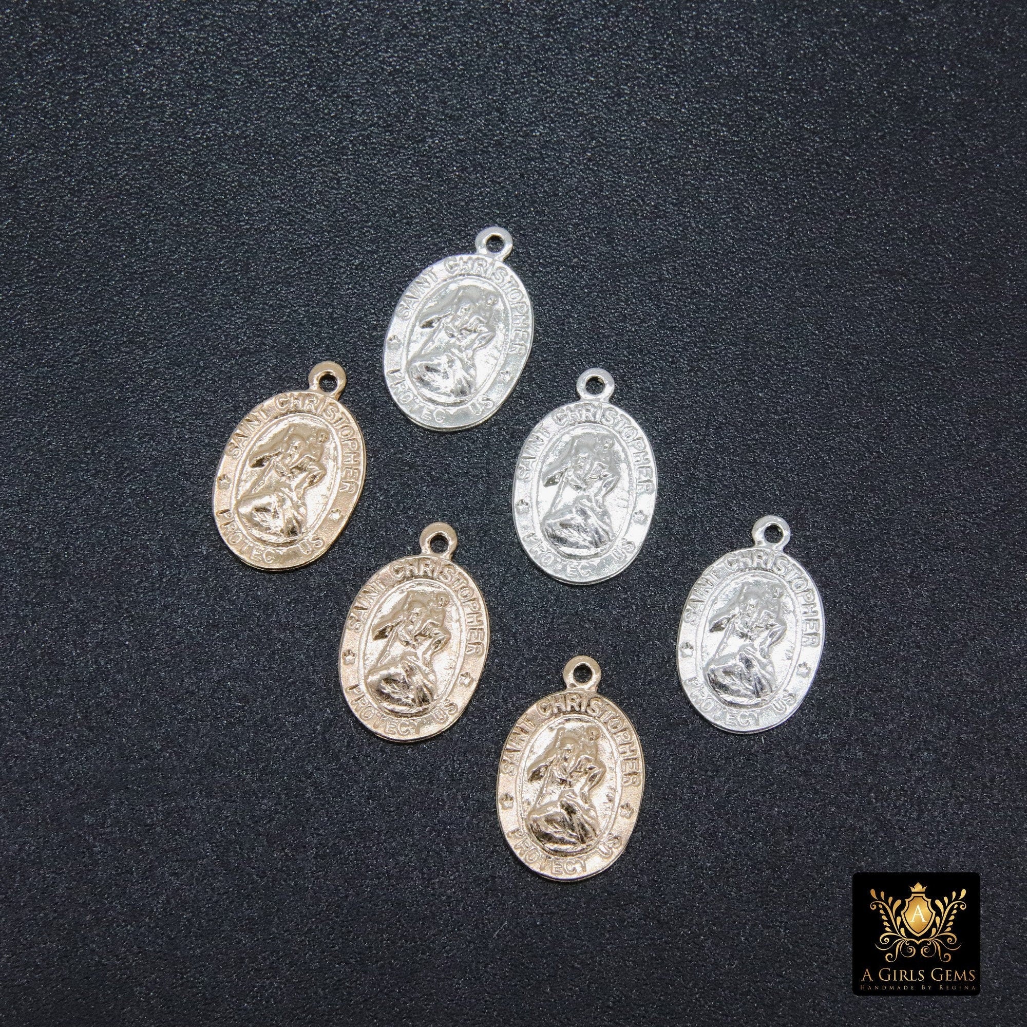 14 K Gold filled St Christopher Charm, Oval 925 Sterling Silver Bracelet Medals #748, Protection Necklace