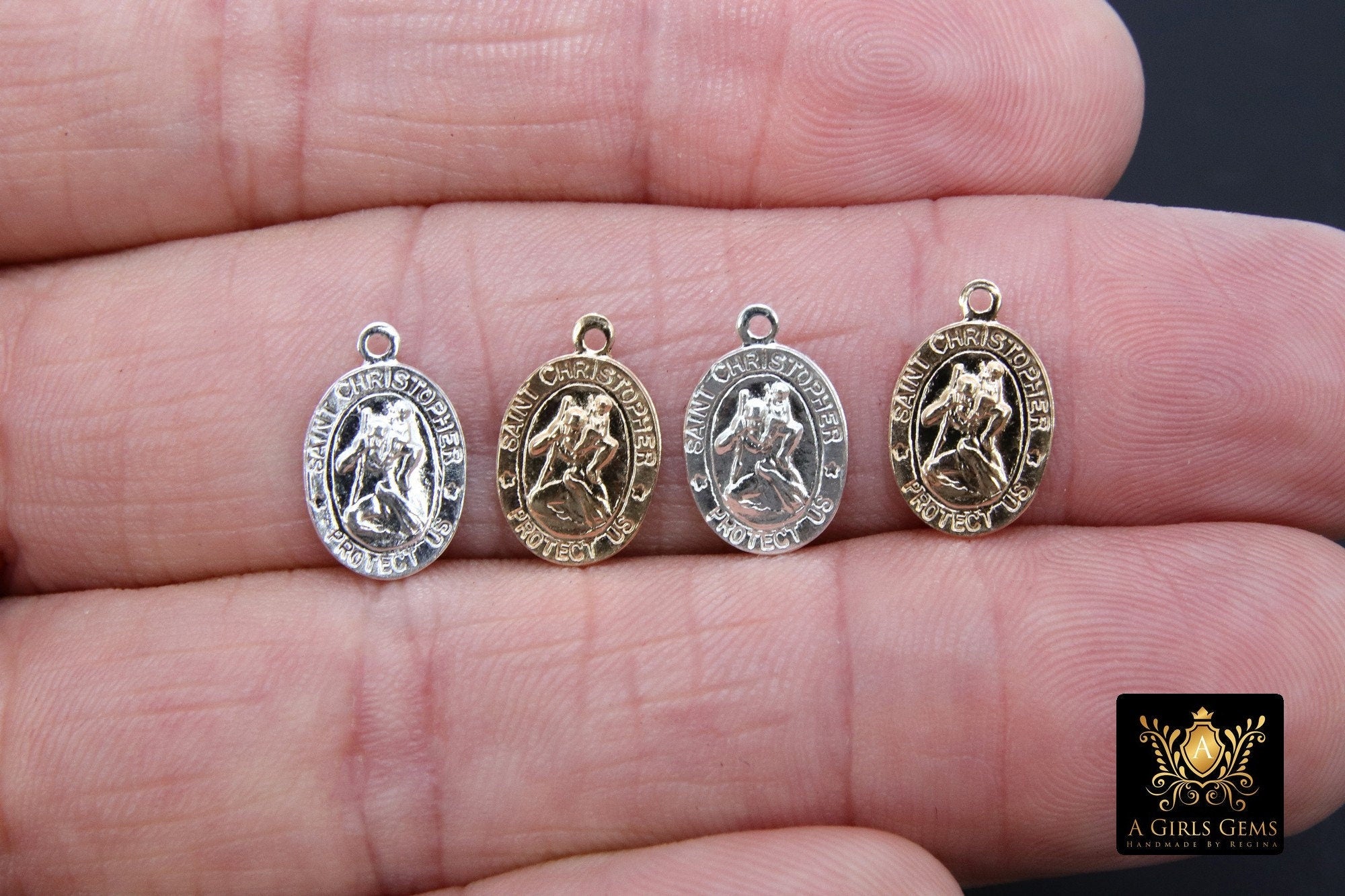 14 K Gold filled St Christopher Charm, Oval 925 Sterling Silver Bracelet Medals #748, Protection Necklace
