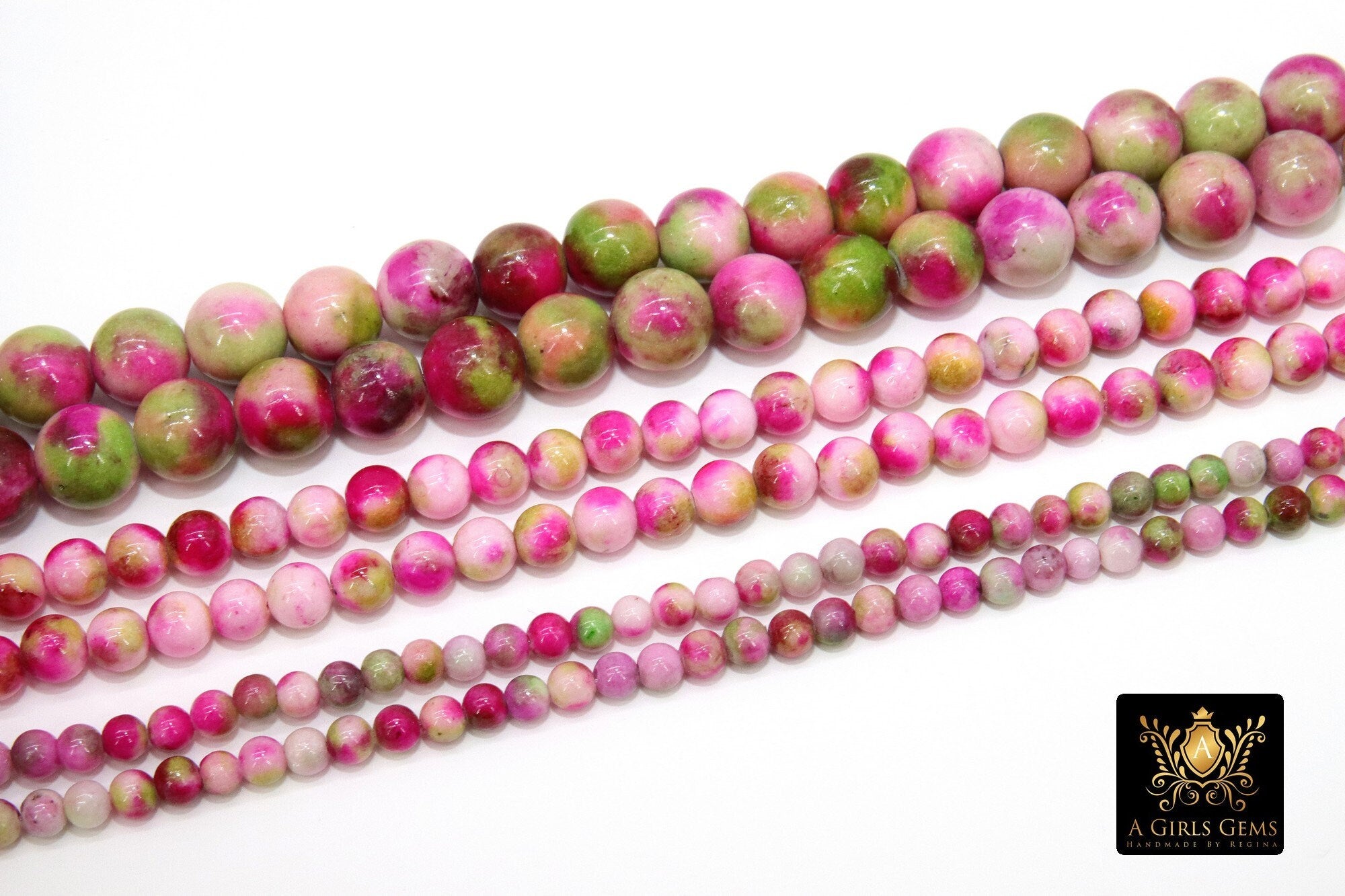 Hot Pink and Mint Green Jade Beads, Smooth Mixed Fuchsia Jade Dyed Beads BS #124, Jewelry Beads sizes 4 mm 6 mm 10 mm 15.75 inch Strands