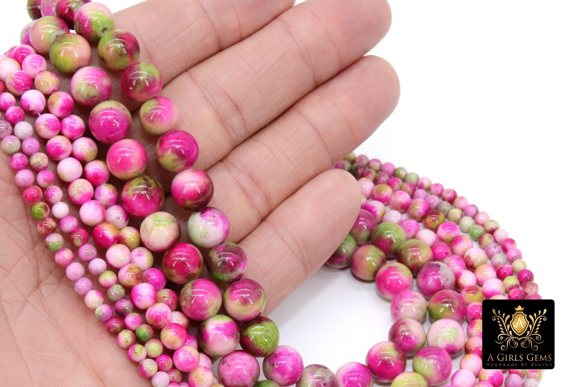 Hot Pink and Mint Green Jade Beads, Smooth Mixed Fuchsia Jade Dyed Beads BS #124, Jewelry Beads sizes 4 mm 6 mm 10 mm 15.75 inch Strands