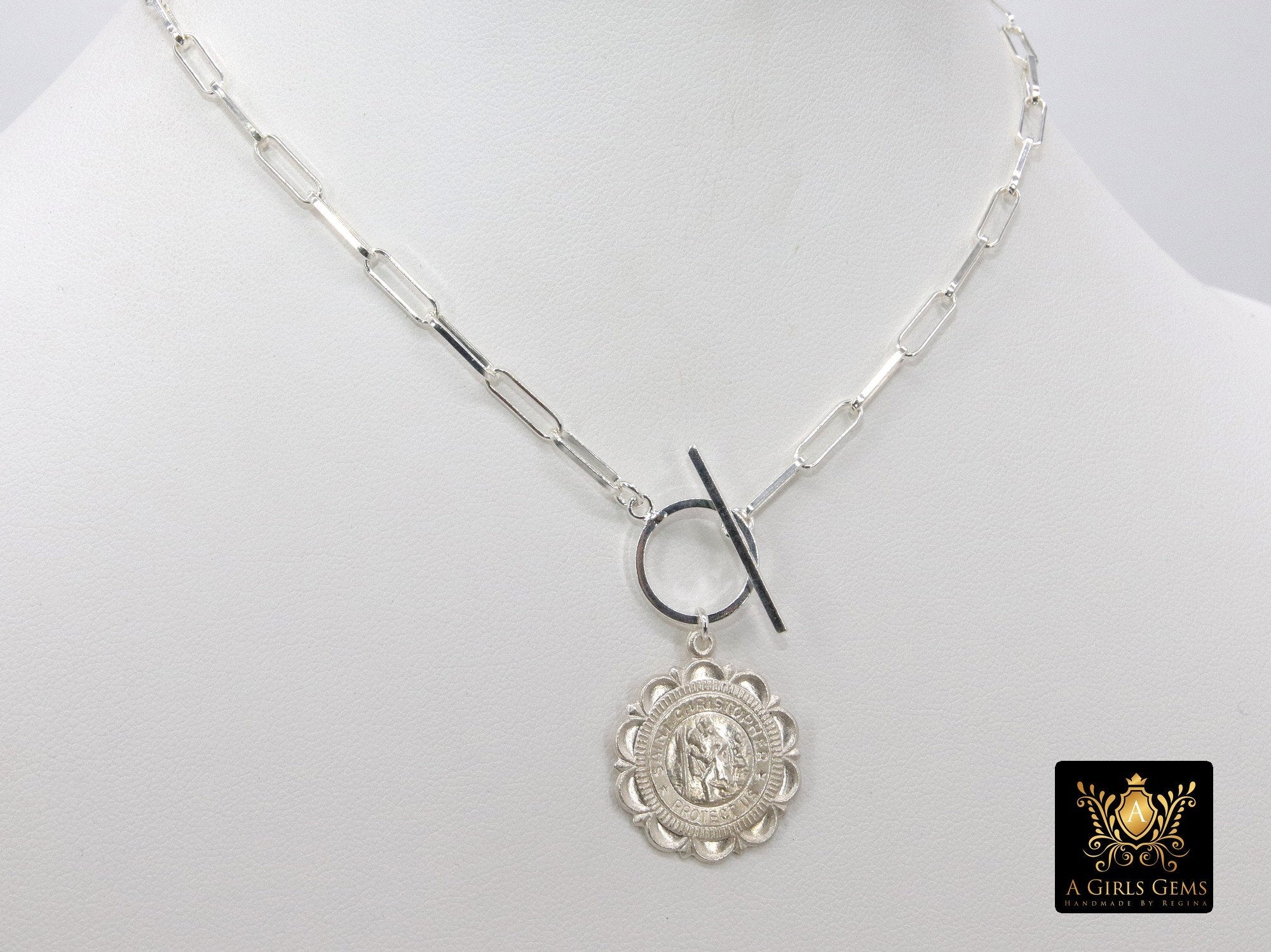 Silver Virgin Mary Coin Necklace, 925 Sterling Silver Medal Toggle Wrap Necklace, Paperclip Rectangle Chain
