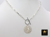 Silver Virgin Mary Coin Necklace, 925 Sterling Silver Medal Toggle Wrap Necklace, Paperclip Rectangle Chain