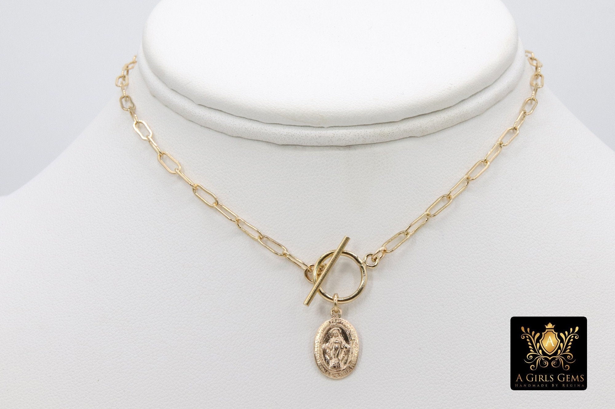 14 K Gold Filled Virgin Mary Necklace, Genuine 925 Sterling Silver Chain Religious Medal Choker, Double Wrap Paperclip Chain