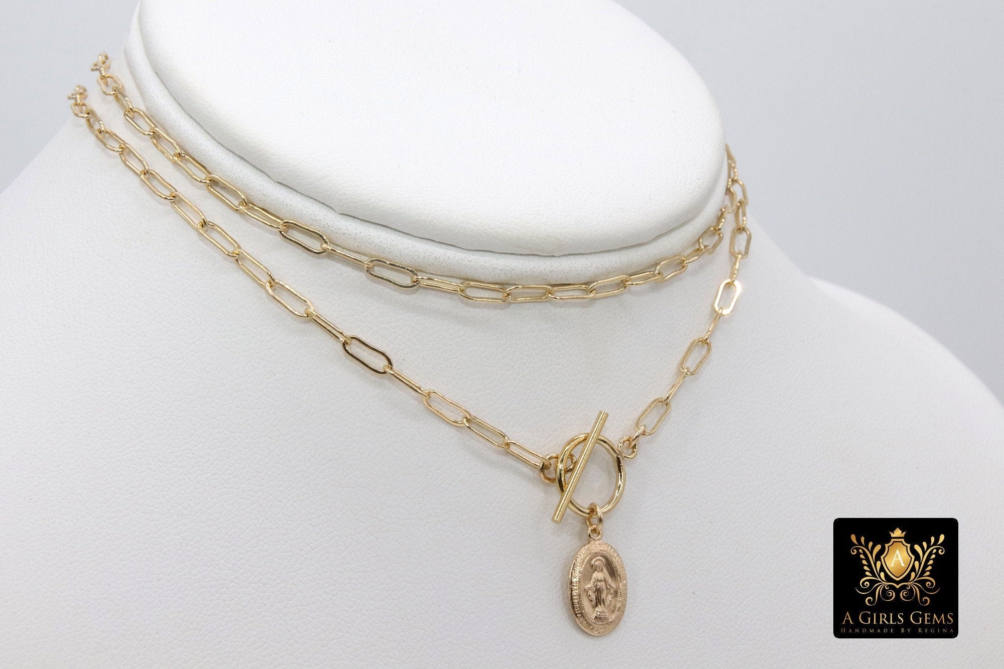 14 K Gold Filled Virgin Mary Necklace, Genuine 925 Sterling Silver Chain Religious Medal Choker, Double Wrap Paperclip Chain