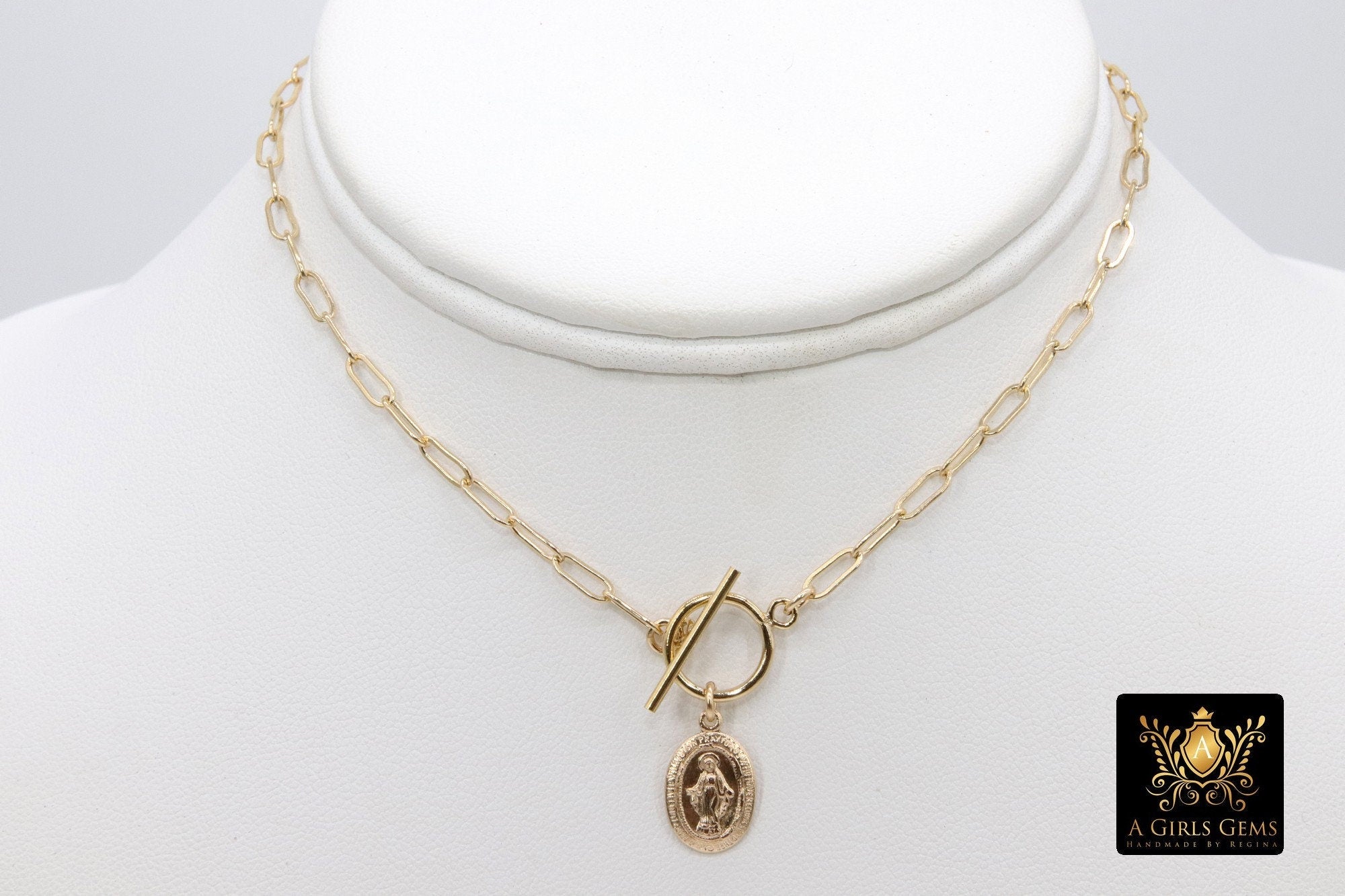 14 K Gold Filled Virgin Mary Necklace, Genuine 925 Sterling Silver Chain Religious Medal Choker, Double Wrap Paperclip Chain
