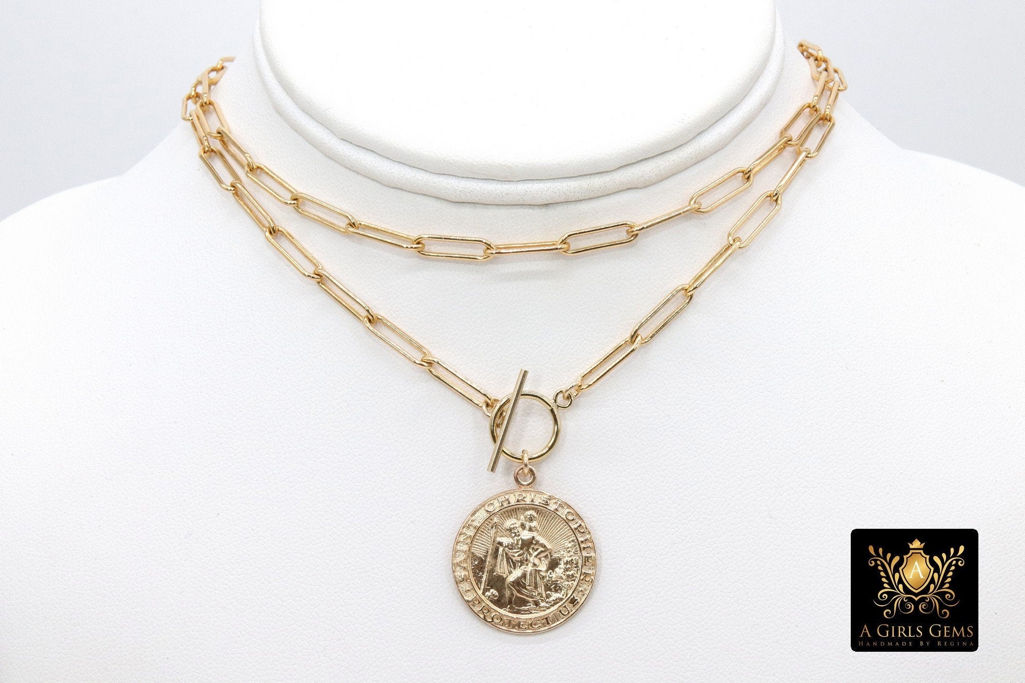 Medal Toggle Coin Necklace, Genuine 14 K Gold Filled Paperclip Chain Necklace #2606, St Christopher Choker