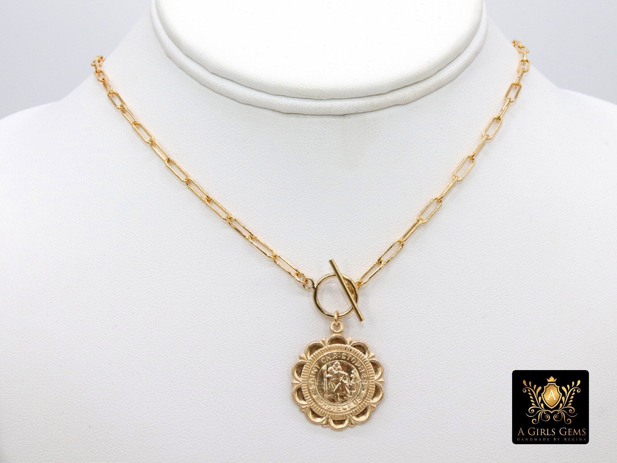 14 K Gold Filled St. Christopher Round Medallion Medal Chain Link  Coin Toggle Necklace
