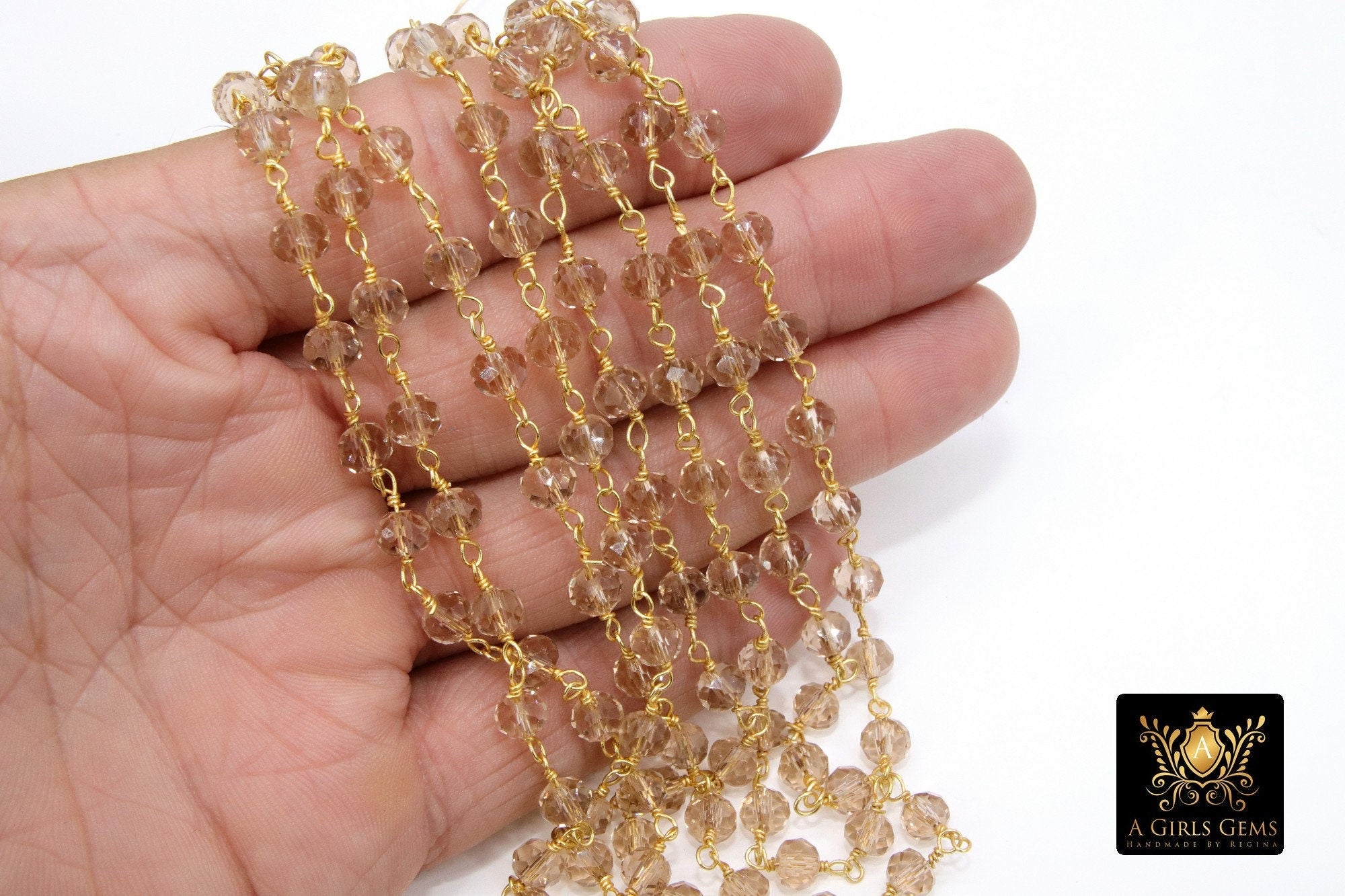 Smoky Gray Rosary Chain, 6 mm Crystal Gold Beaded Chains CH #419, Faceted Light Beige Boho Jewelry