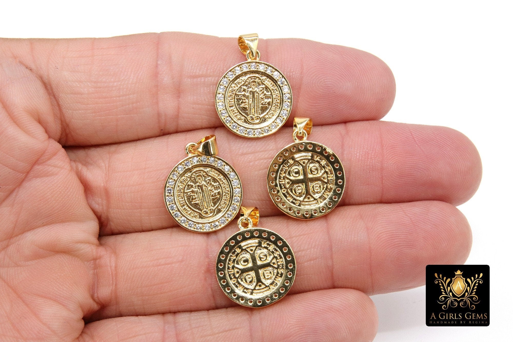 St. Benito Charms, CZ Pave Cross St. Benedict Charm AG 2733, Gold Plated Round Medallion Medals