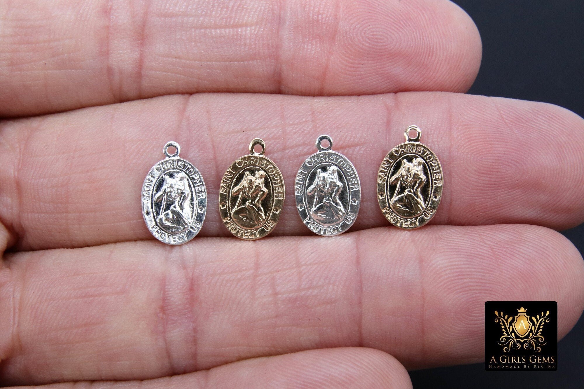 14 K Gold filled St Christopher Charm, Oval 925 Sterling Silver Bracelet Medals #748, Protection Necklace