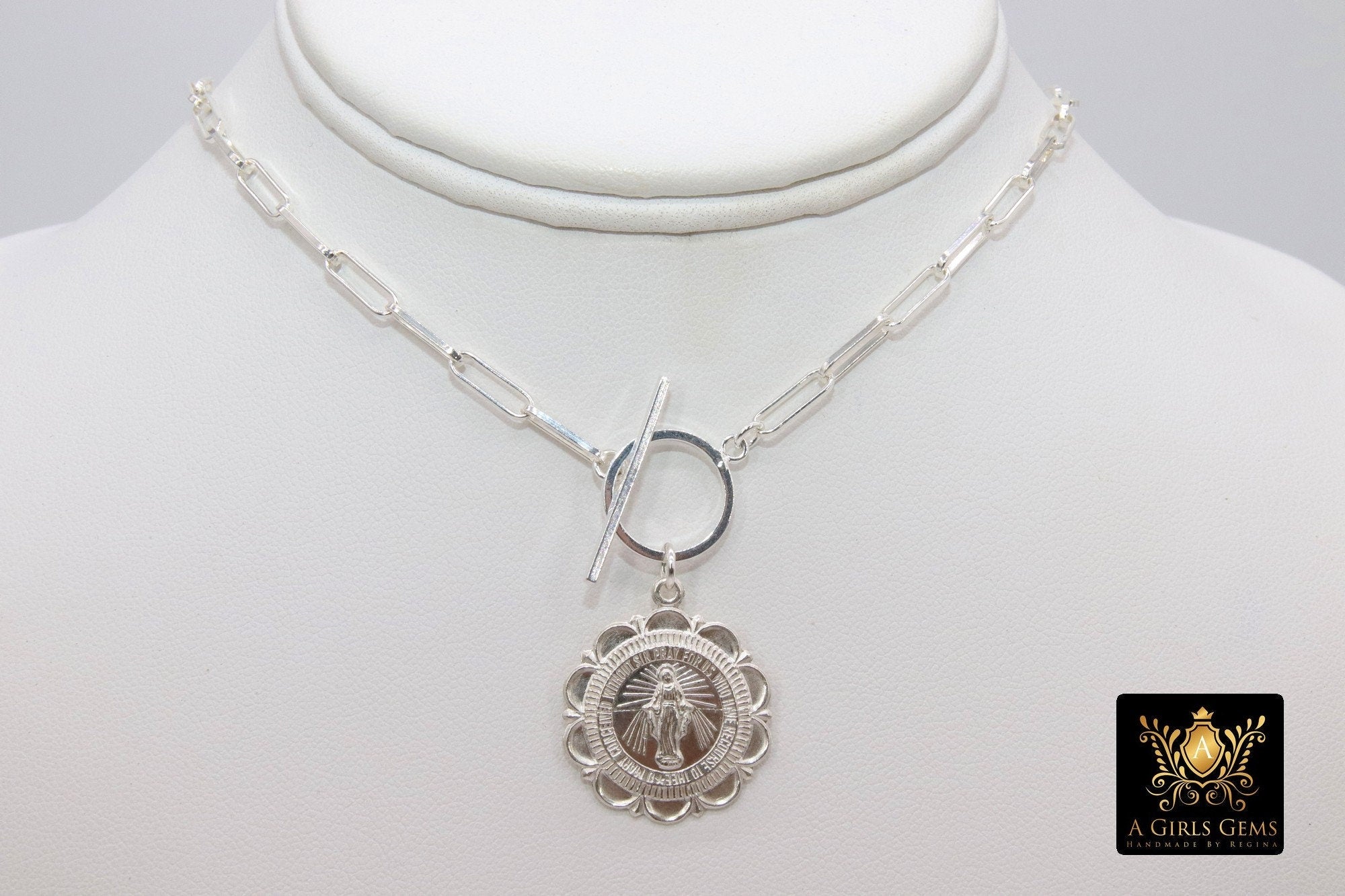 Silver Virgin Mary Coin Necklace, 925 Sterling Silver Medal Toggle Wrap Necklace, Paperclip Rectangle Chain