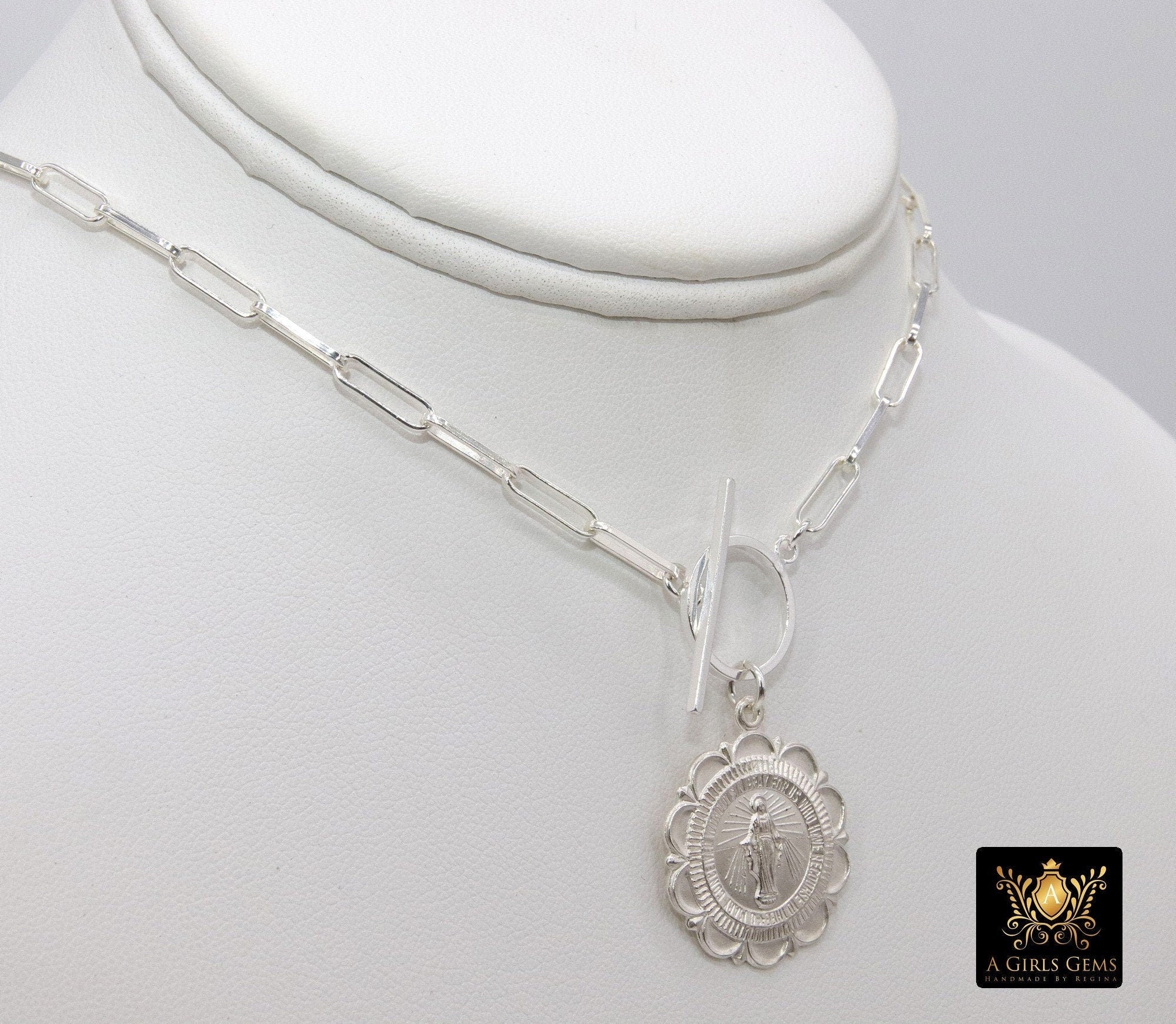 Silver Virgin Mary Coin Necklace, 925 Sterling Silver Medal Toggle Wrap Necklace, Paperclip Rectangle Chain