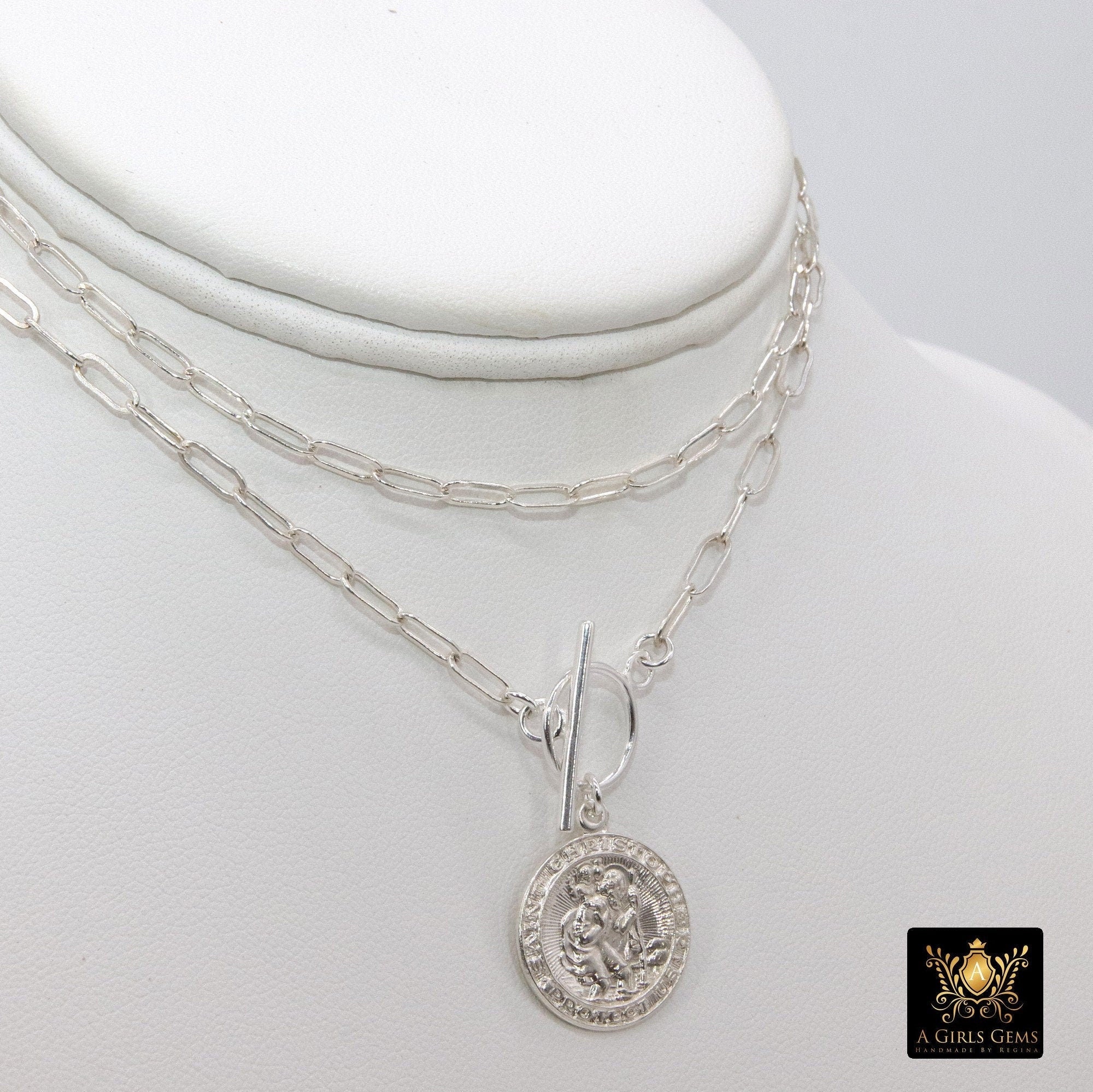 Silver Protection Coin Chain Necklace, 925 Sterling St. Christopher Toggle Double Wrap Choker, Paper Clip Rectangle Chain