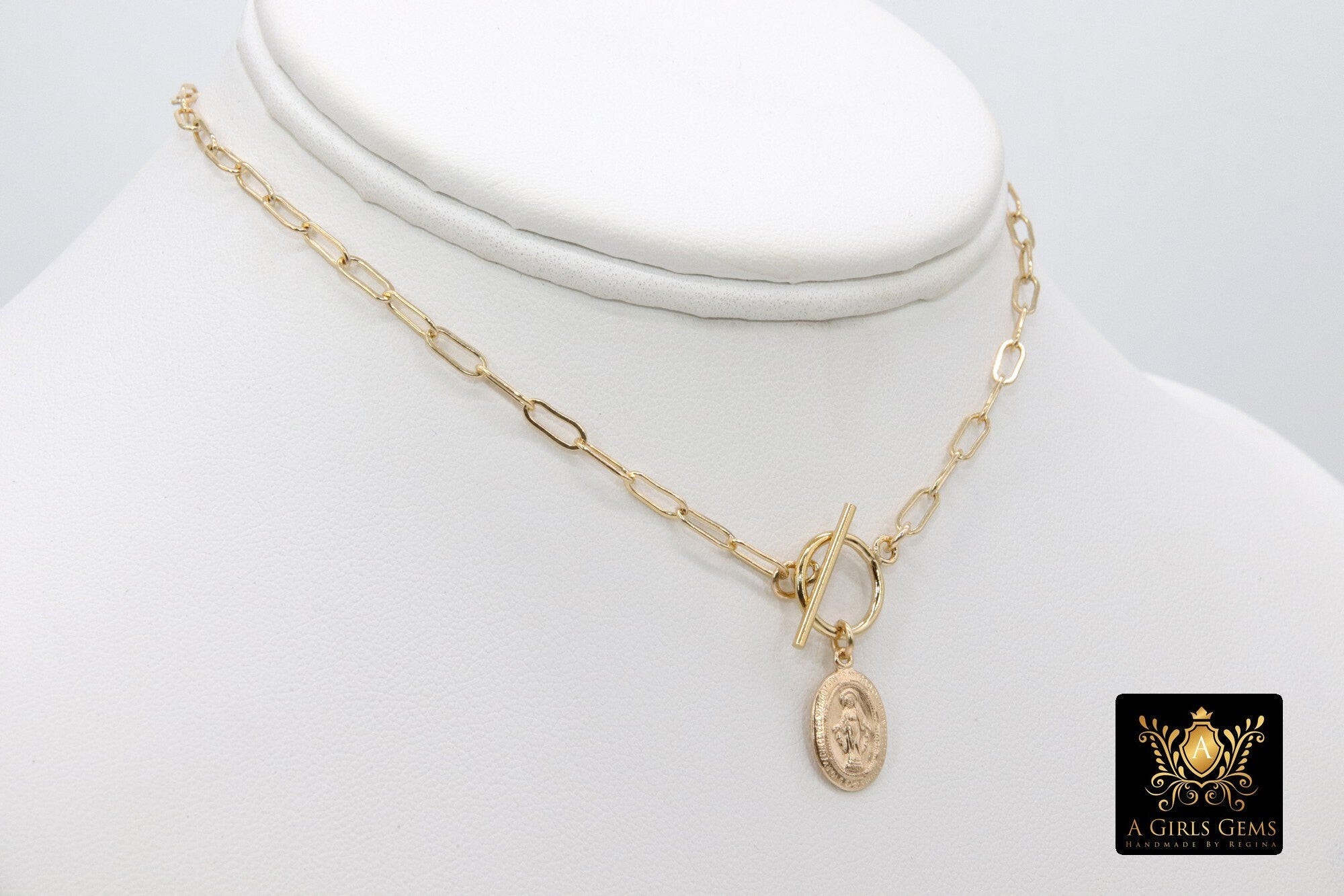 14 K Gold Filled Virgin Mary Necklace, Genuine 925 Sterling Silver Chain Religious Medal Choker, Double Wrap Paperclip Chain