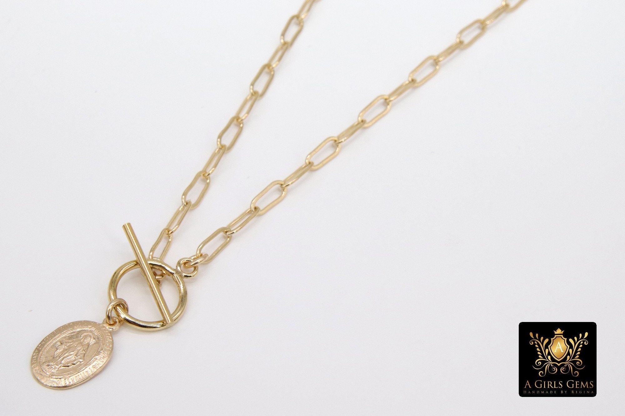 14 K Gold Filled Virgin Mary Necklace, Genuine 925 Sterling Silver Chain Religious Medal Choker, Double Wrap Paperclip Chain